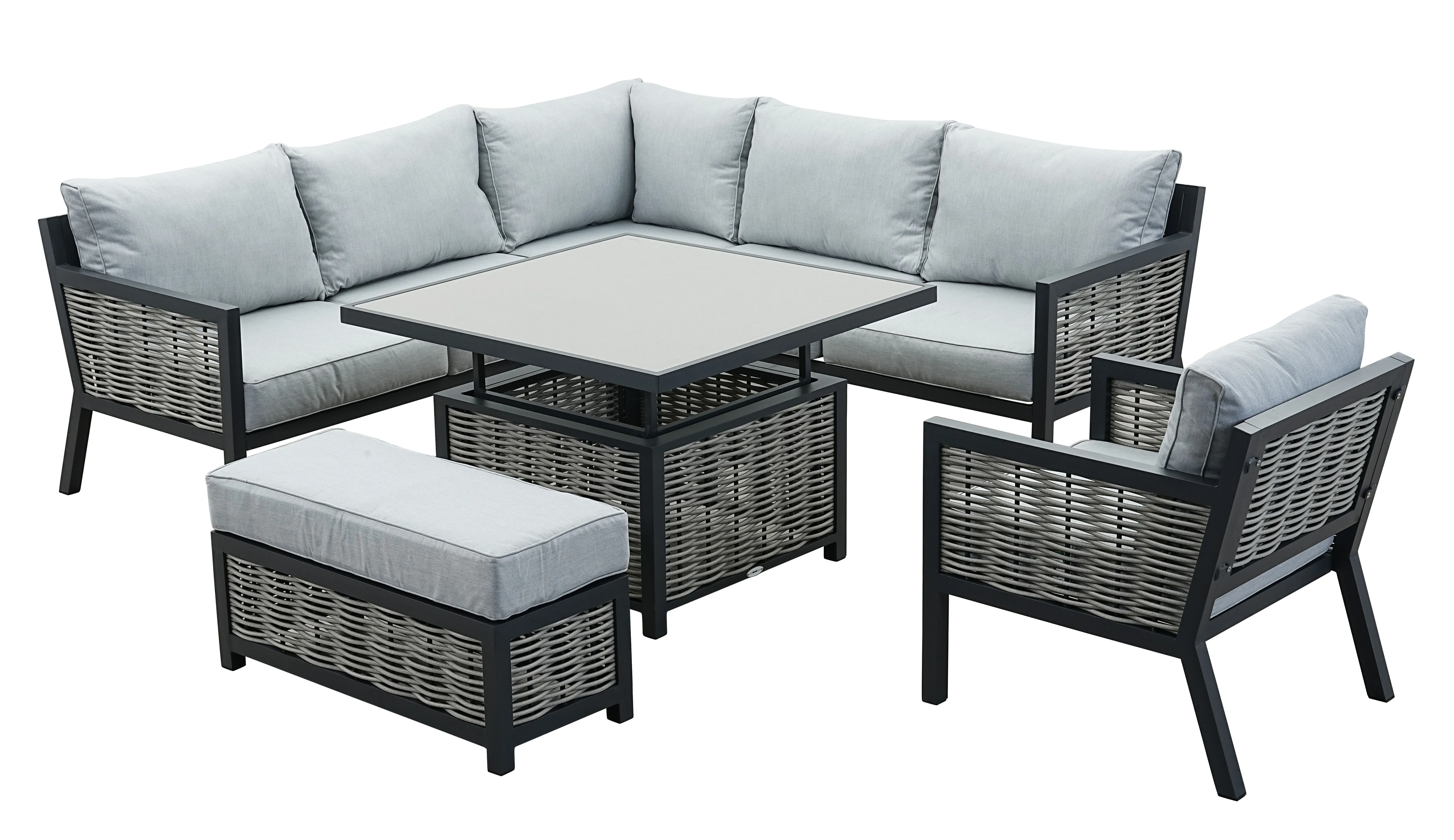Lisbon Aluminium Corner Sofa, Chair, Bench & Rising Table Dining Set | Light Grey - Image 4