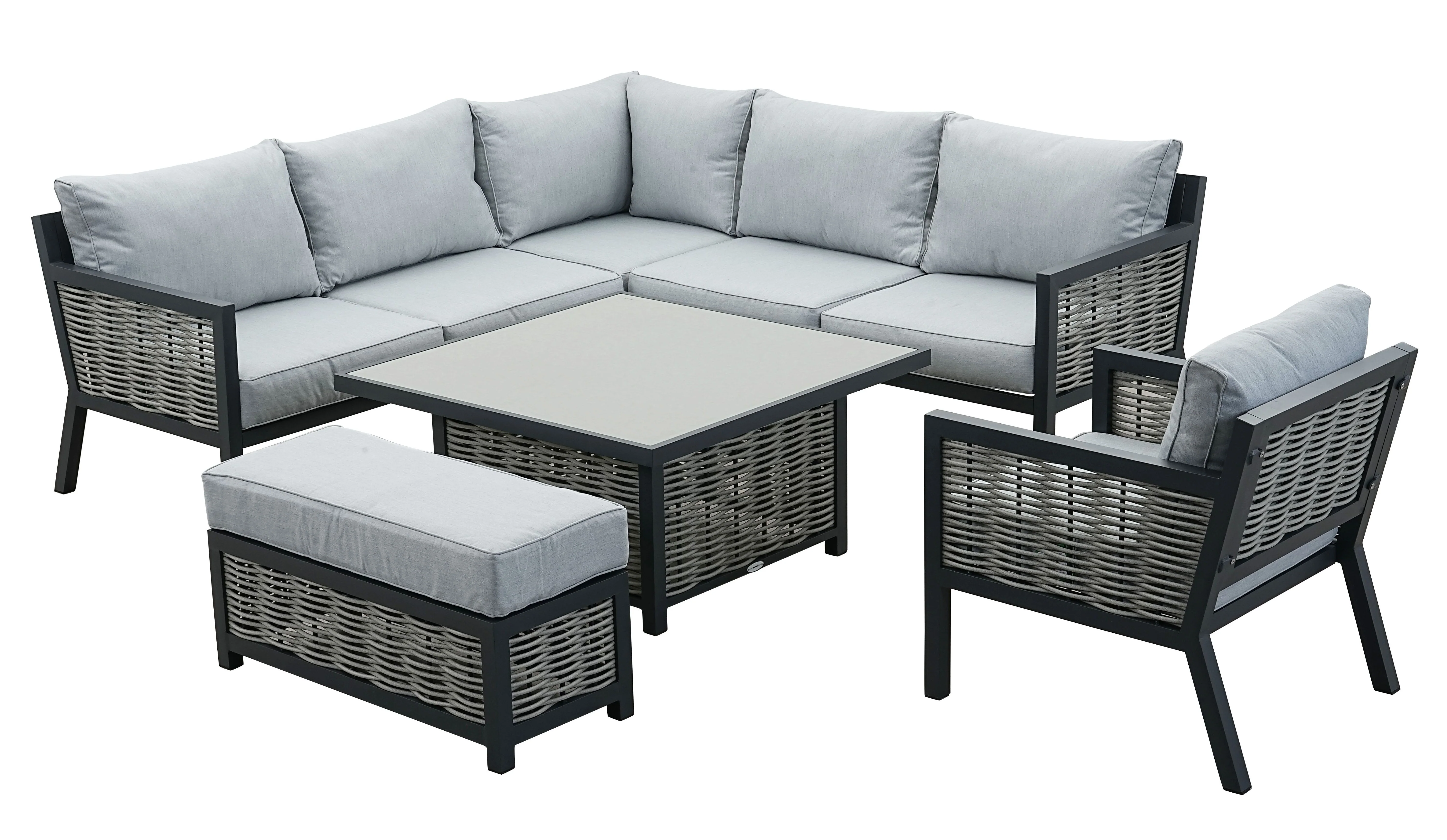 Lisbon Aluminium Corner Sofa, Chair, Bench & Rising Table Dining Set | Light Grey - Image 5