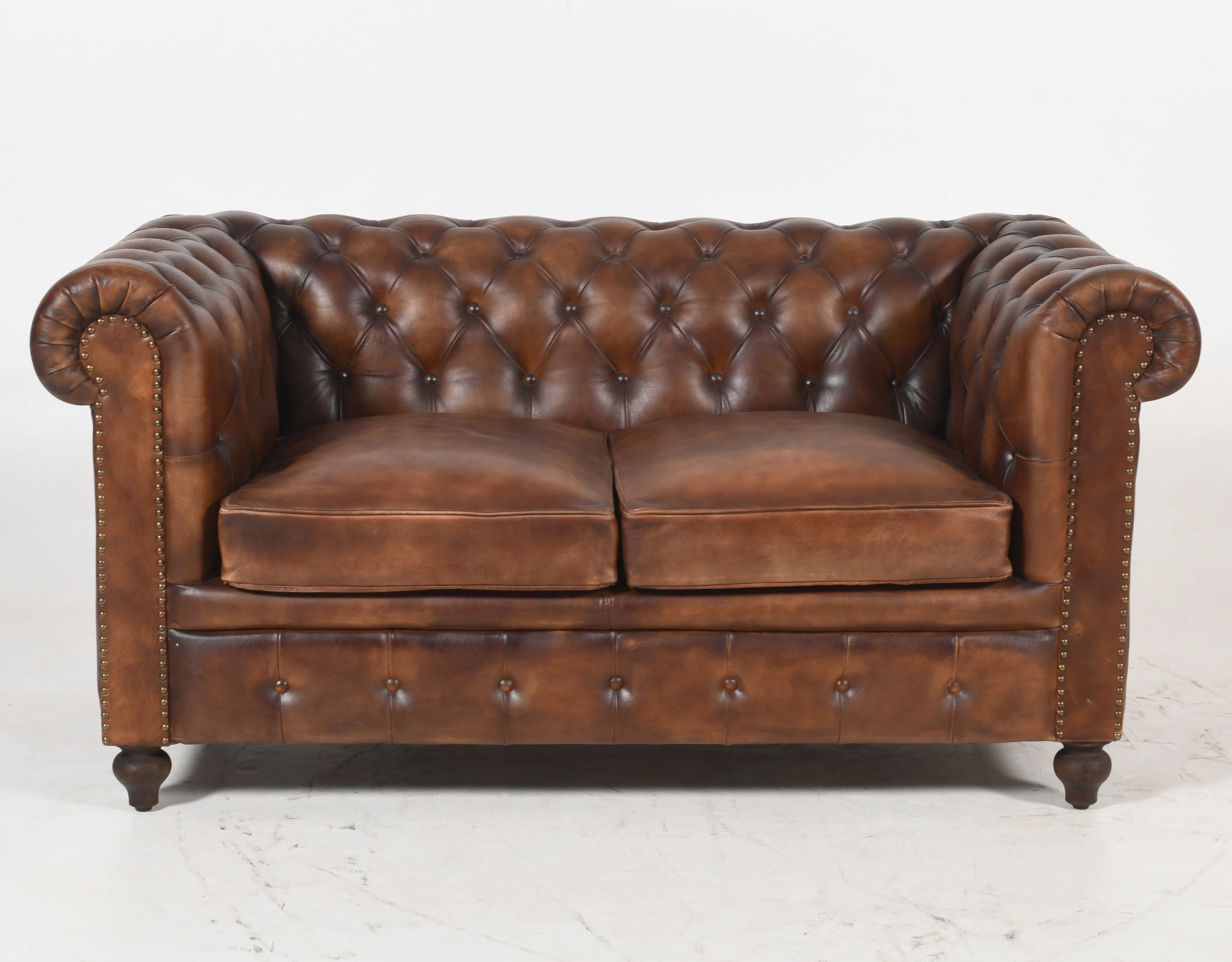 Louis Genuine Leather 2-Seater Chesterfield Sofa – Classic Brown - Image 4