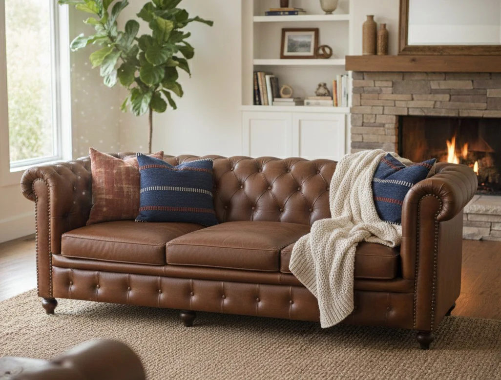 Louis Genuine Leather 3-Seater Chesterfield Sofa – Classic Brown - Image 4