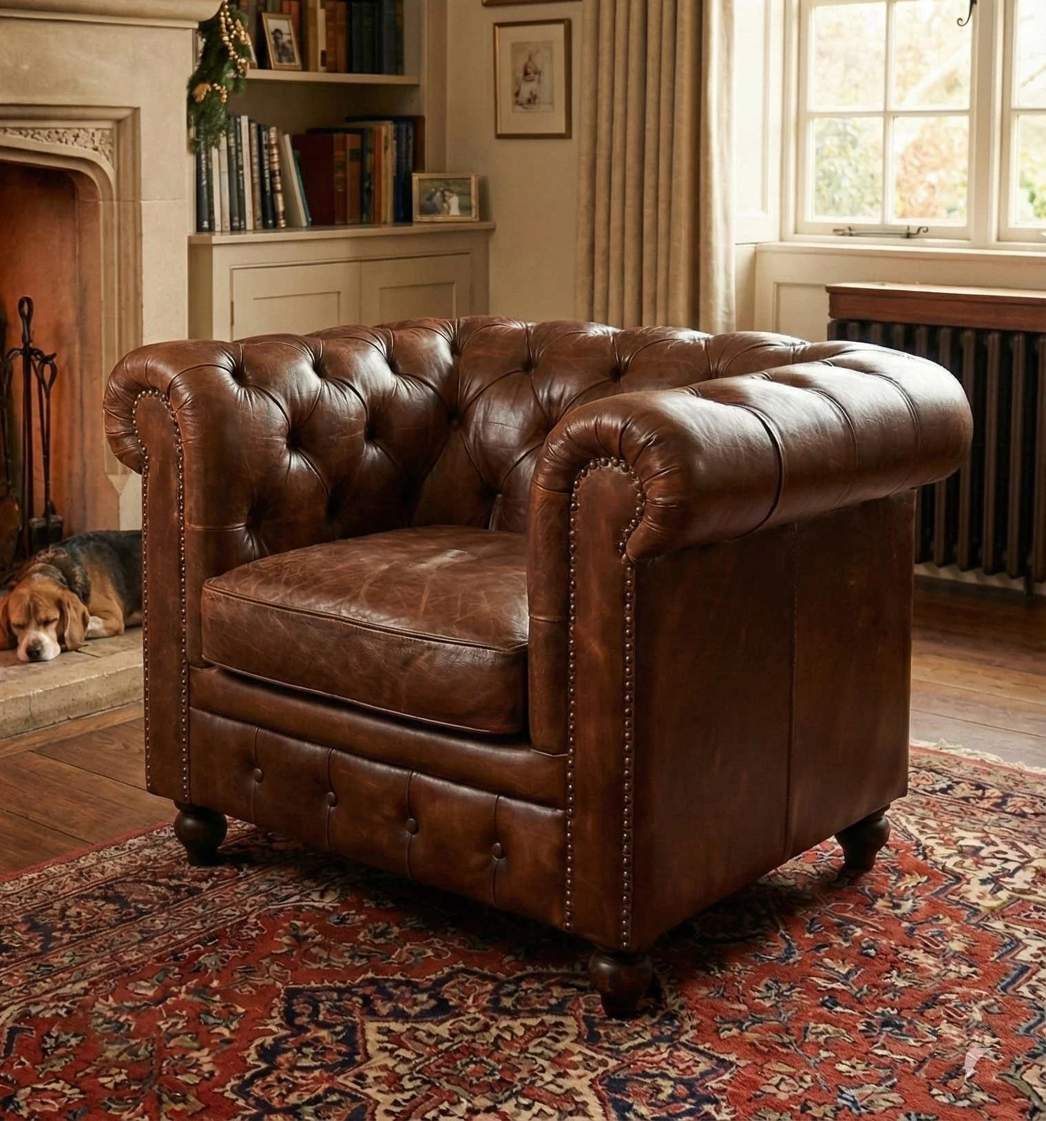 Louis Genuine Leather Chesterfield Armchair – Classic Brown (Tufted Back) - Image 3