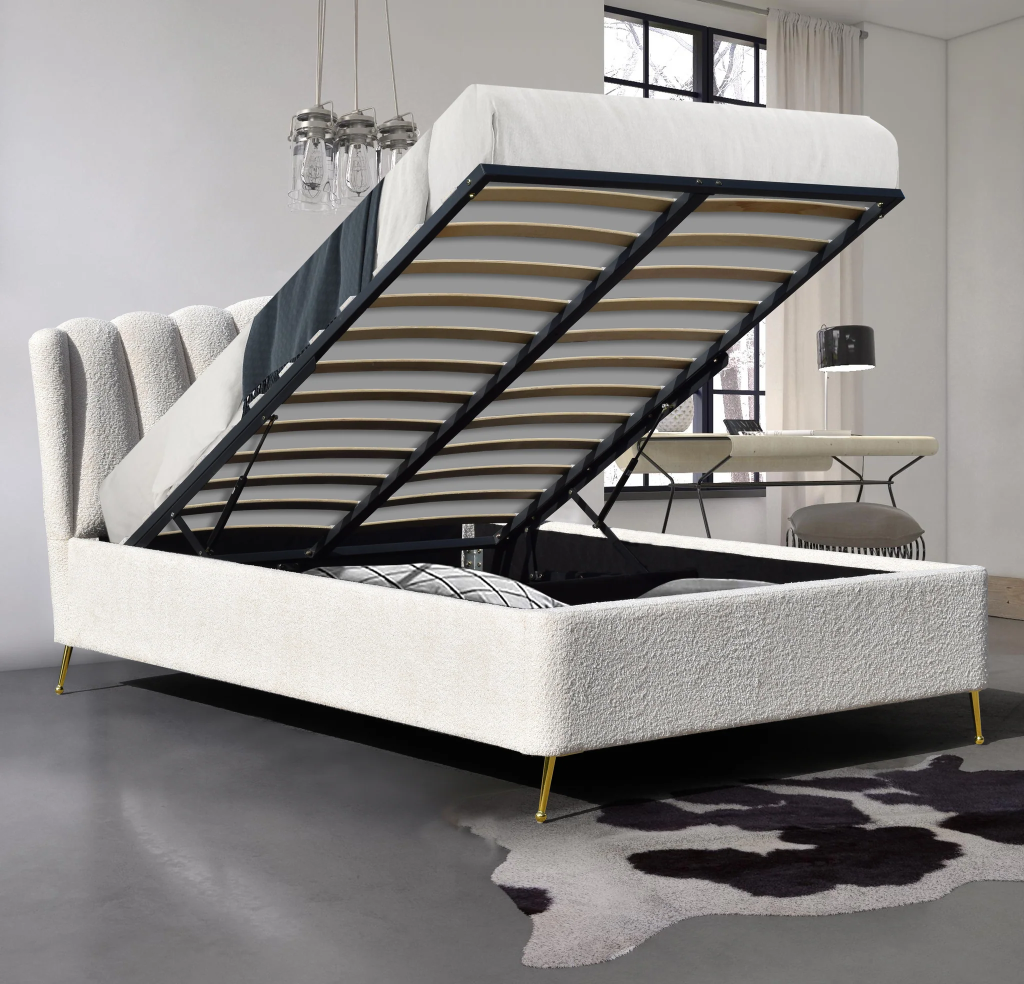 Luna Ottoman Storage Bed - Bouclé "Teddy" Fabric - Size: 4ft 6" Double - Image 3