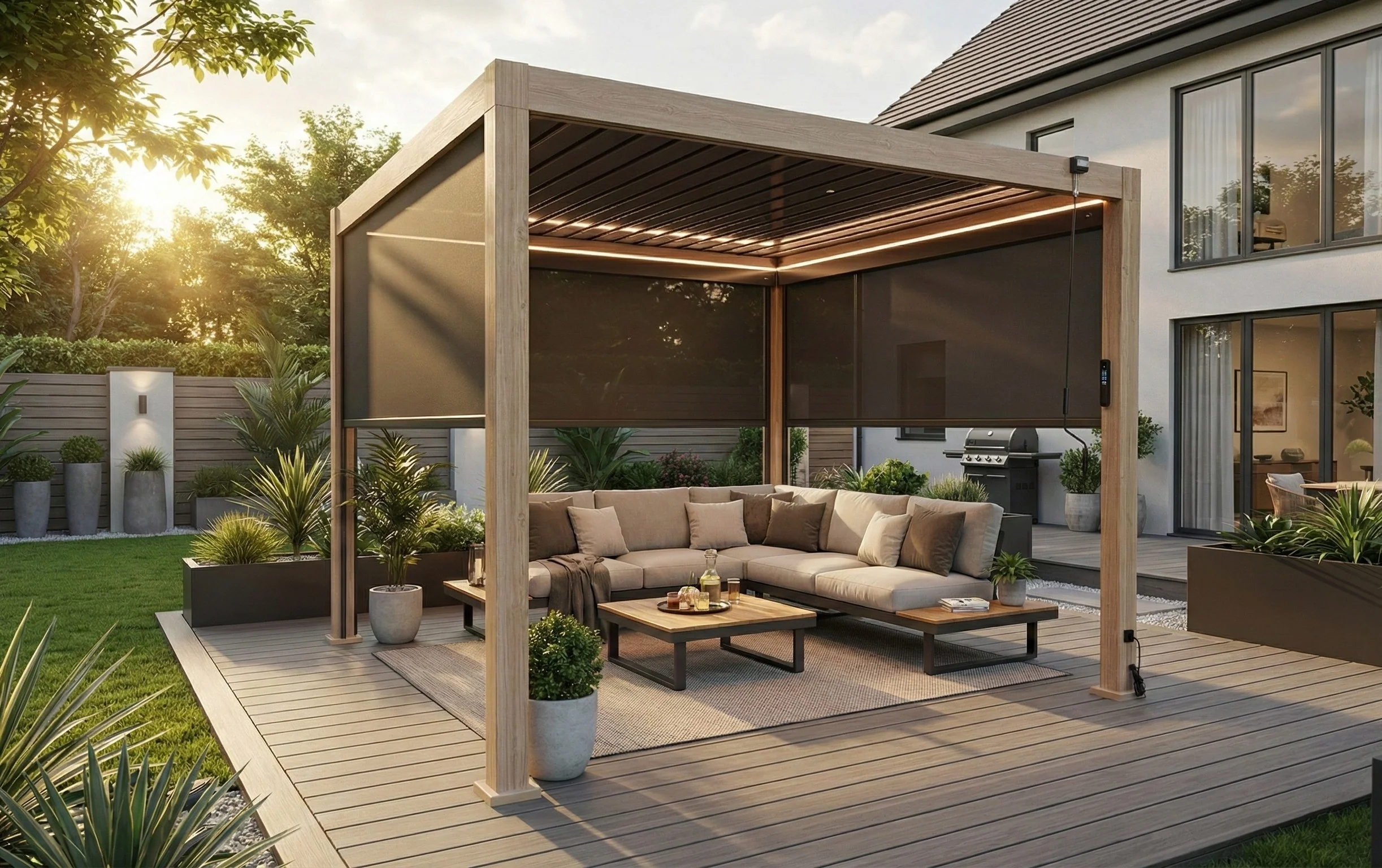 LuxShade™ 3×3m Aluminium Pergola – LEDs, Double-Layer Louvres & 3 Windscreens - Oak Effect - Image 5