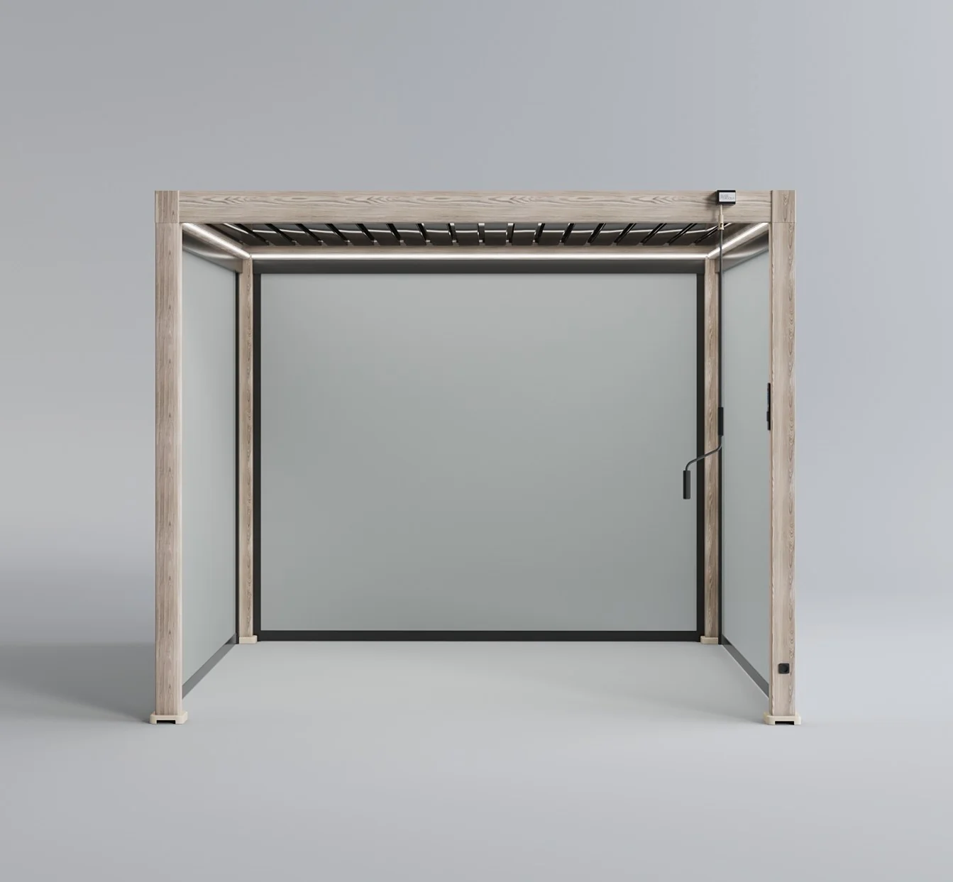 LuxShade™ 3×3m Aluminium Pergola – LEDs, Double-Layer Louvres & 3 Windscreens - Oak Effect - Image 15