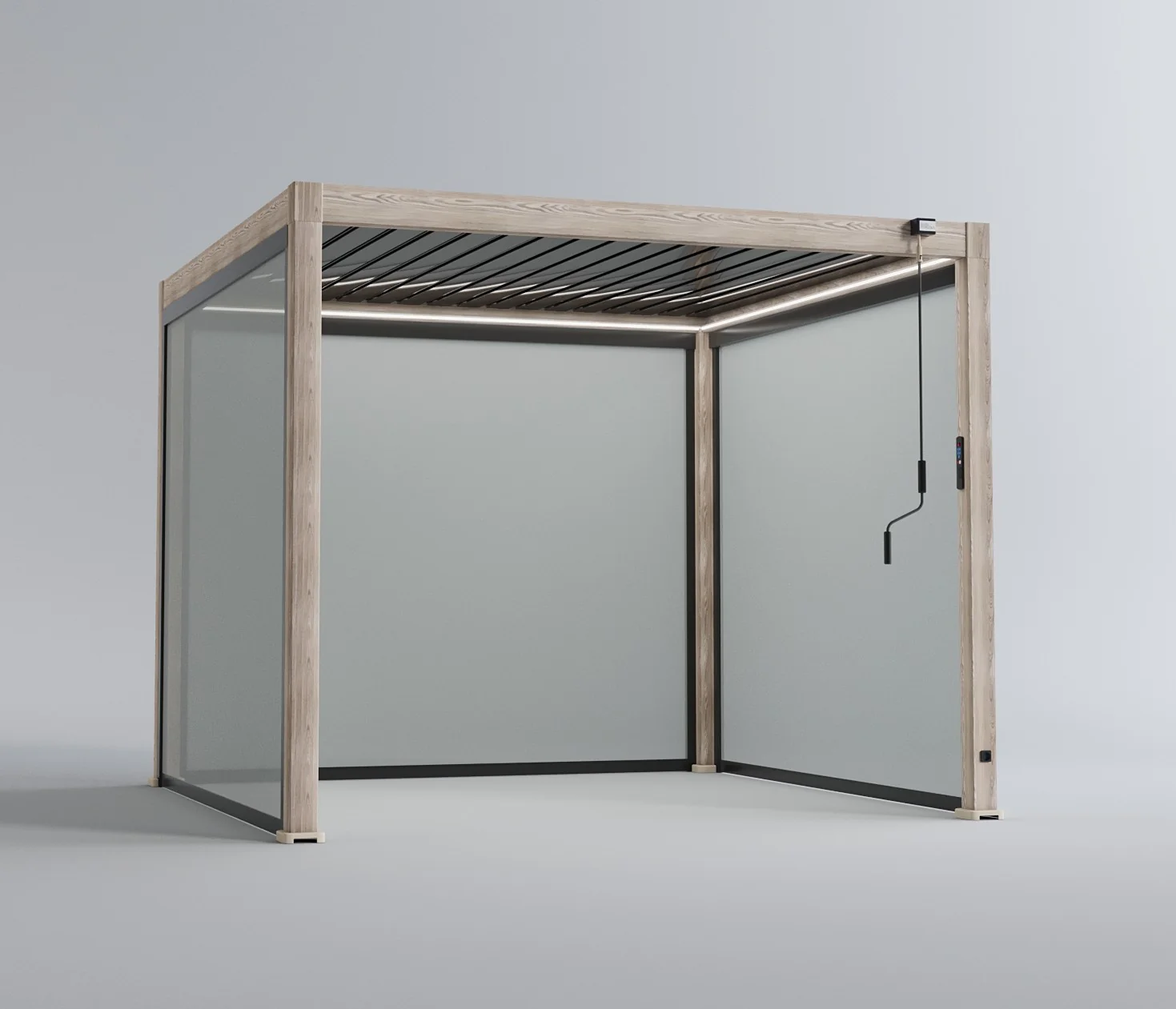 LuxShade™ 3×3m Aluminium Pergola – LEDs, Double-Layer Louvres & 3 Windscreens - Oak Effect - Image 9