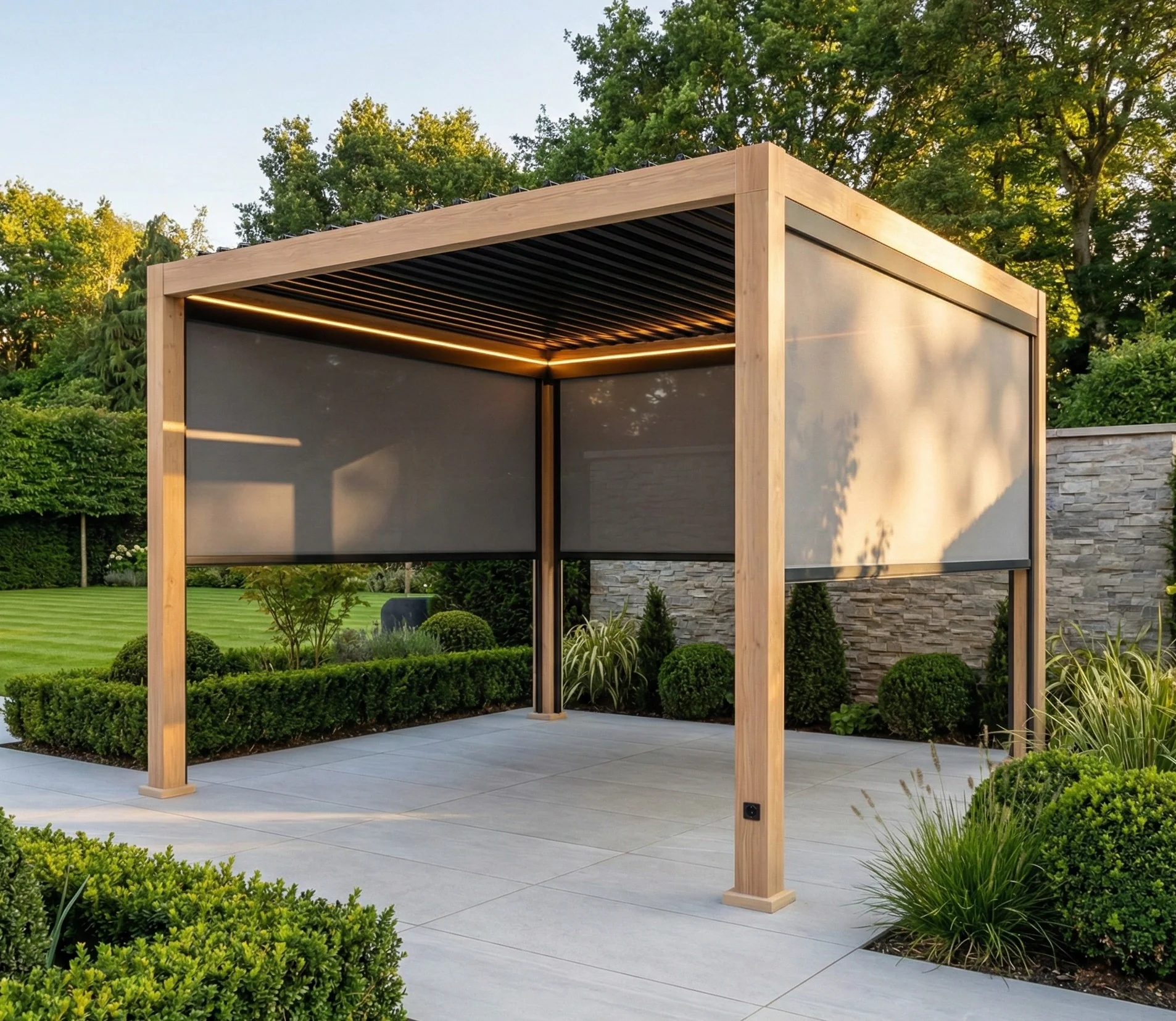 LuxShade™ 3×3m Aluminium Pergola – LEDs, Double-Layer Louvres & 3 Windscreens - Oak Effect - Image 6