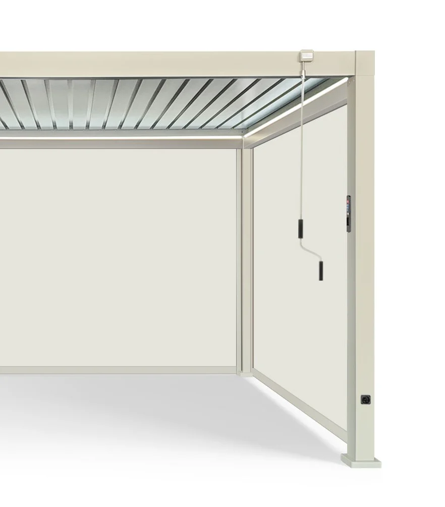 LuxShade™ 3×3m Pebble Aluminium Pergola with LEDs, Double-Layered Roof & 3 Blinds - Image 10