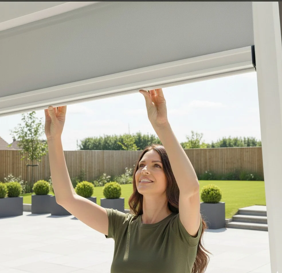 LuxShade™ 3×3m Pebble Aluminium Pergola with LEDs, Double-Layered Roof & 3 Blinds - Image 11