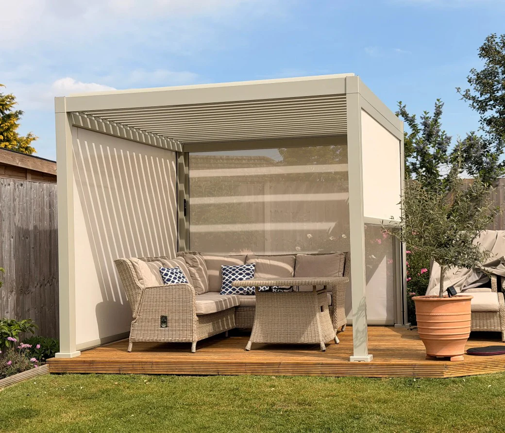 LuxShade™ 3×3m Pebble Aluminium Pergola with LEDs, Double-Layered Roof & 3 Blinds - Image 3