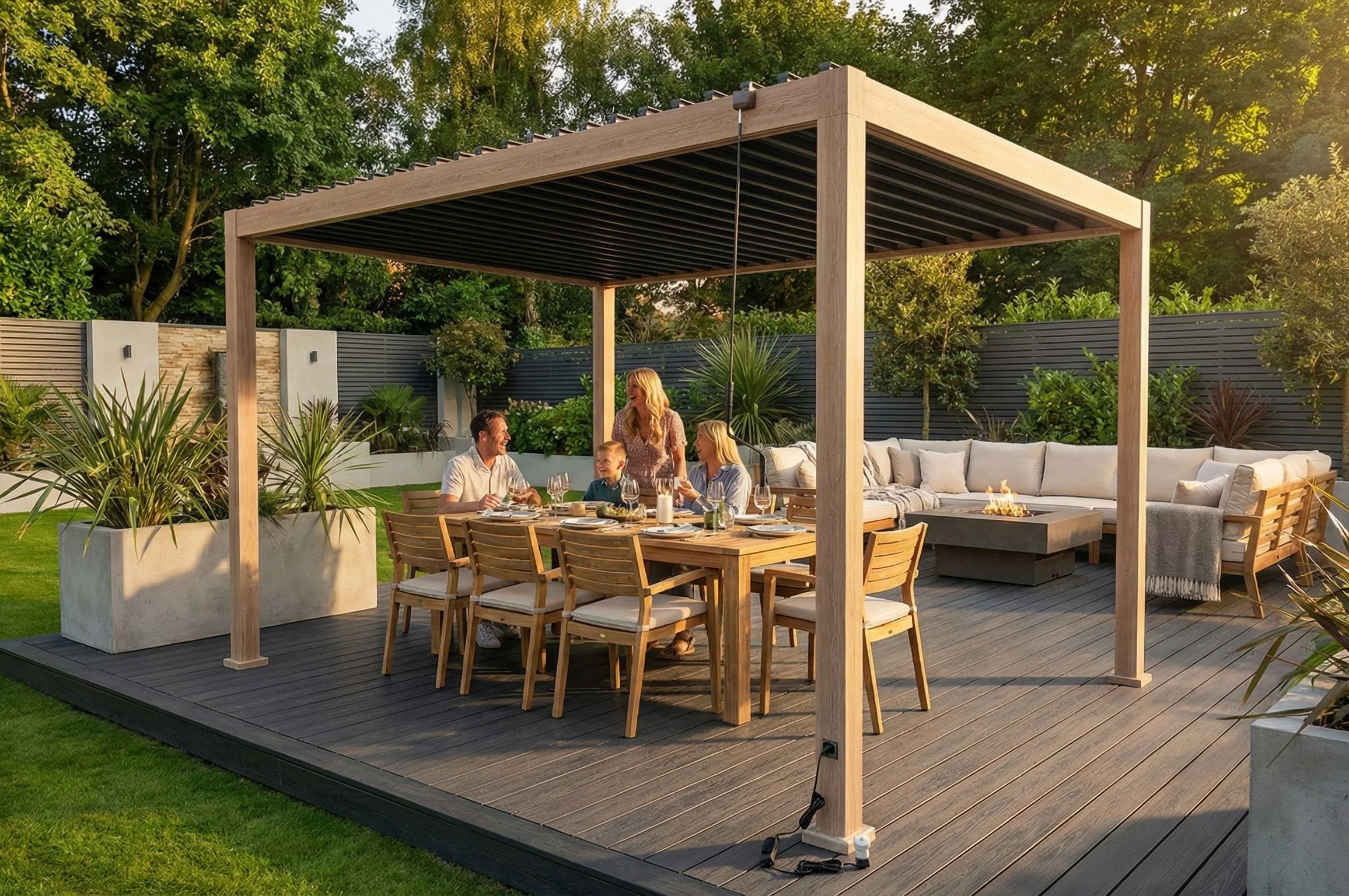 LuxShade™ 3×4m Aluminium Pergola – LEDs, Double-Layer Louvres & 3 Windscreens - Oak Effect - Image 10