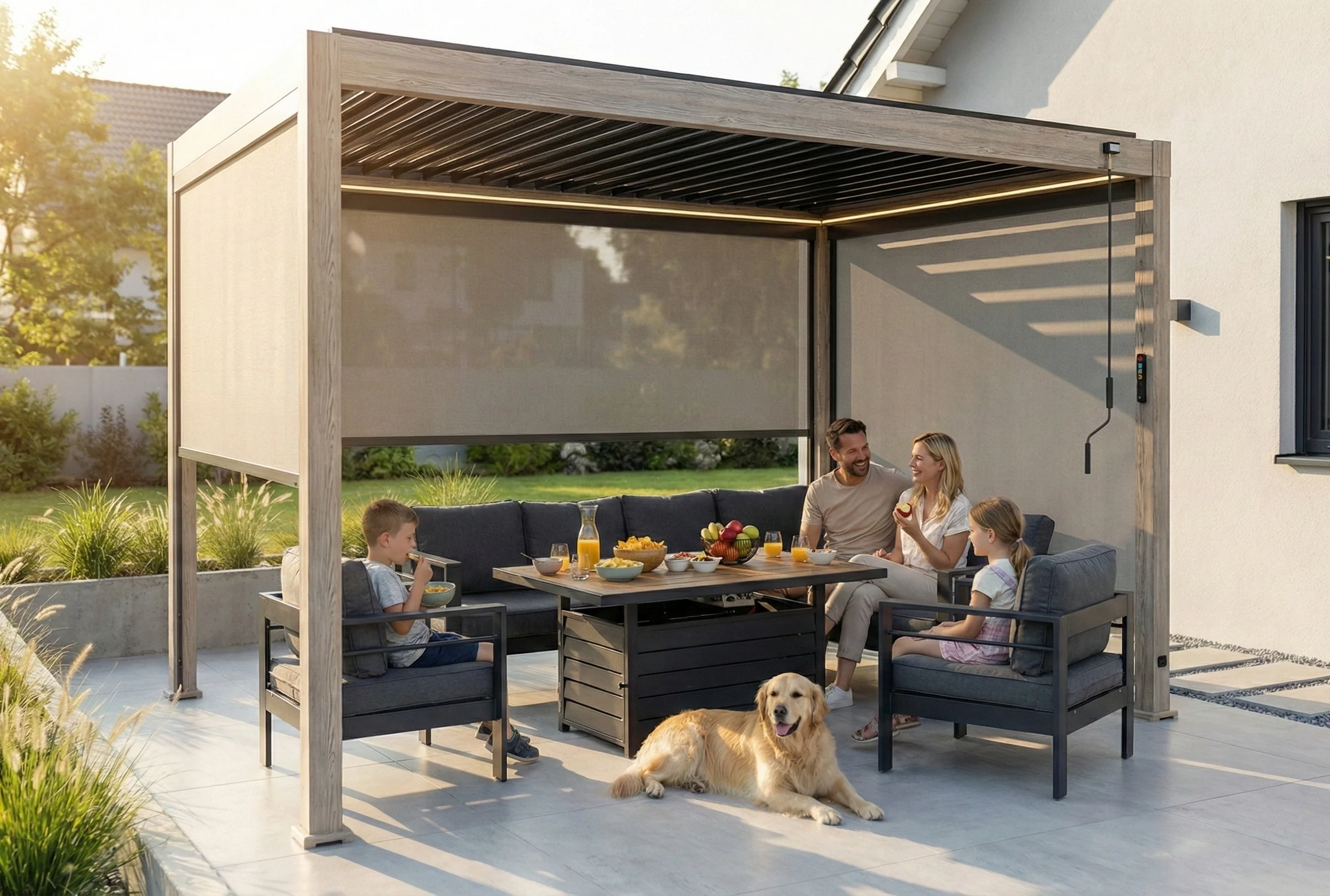 LuxShade™ 3×4m Aluminium Pergola – LEDs, Double-Layer Louvres & 3 Windscreens - Oak Effect - Image 5