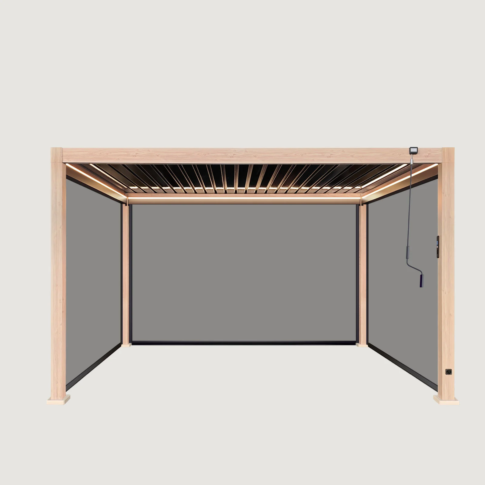 LuxShade™ 3×4m Aluminium Pergola – LEDs, Double-Layer Louvres & 3 Windscreens - Oak Effect - Image 9