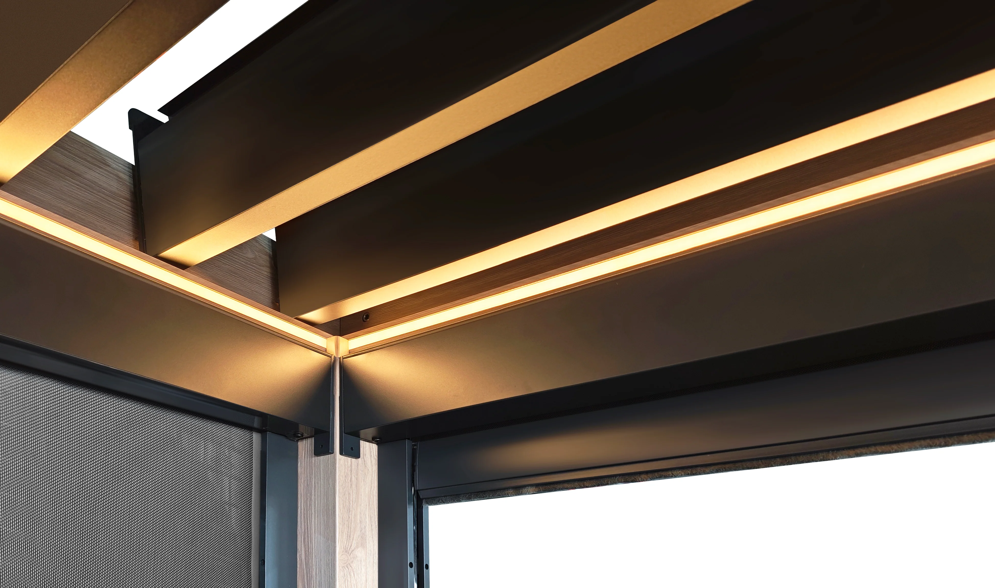 LuxShade™ 3×3m Aluminium Pergola – LEDs, Double-Layer Louvres & 3 Windscreens - Oak Effect - Image 11