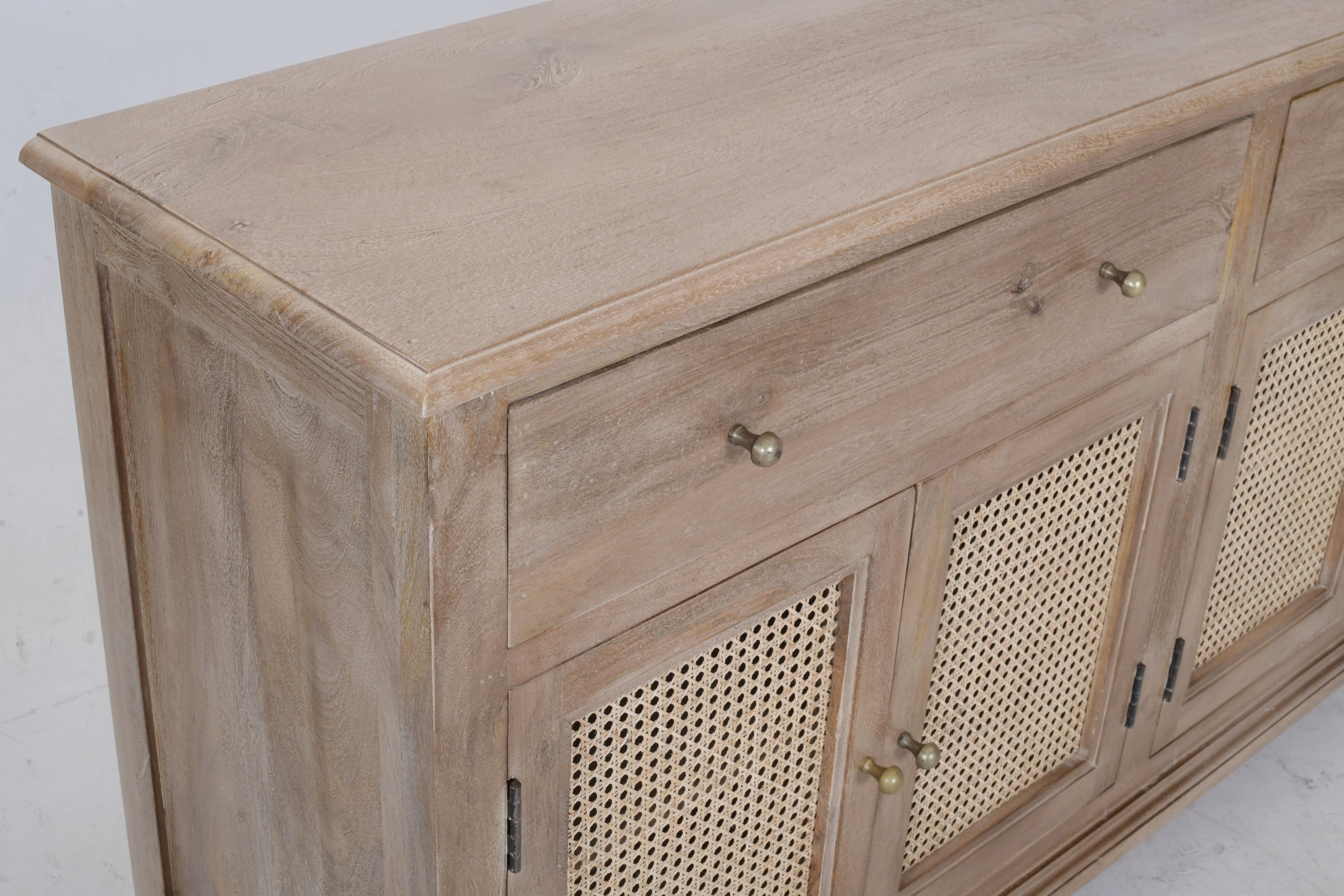Solid Mango Wood & Cane Sideboard 160cm – Distressed White with Brass Hardware - Image 3