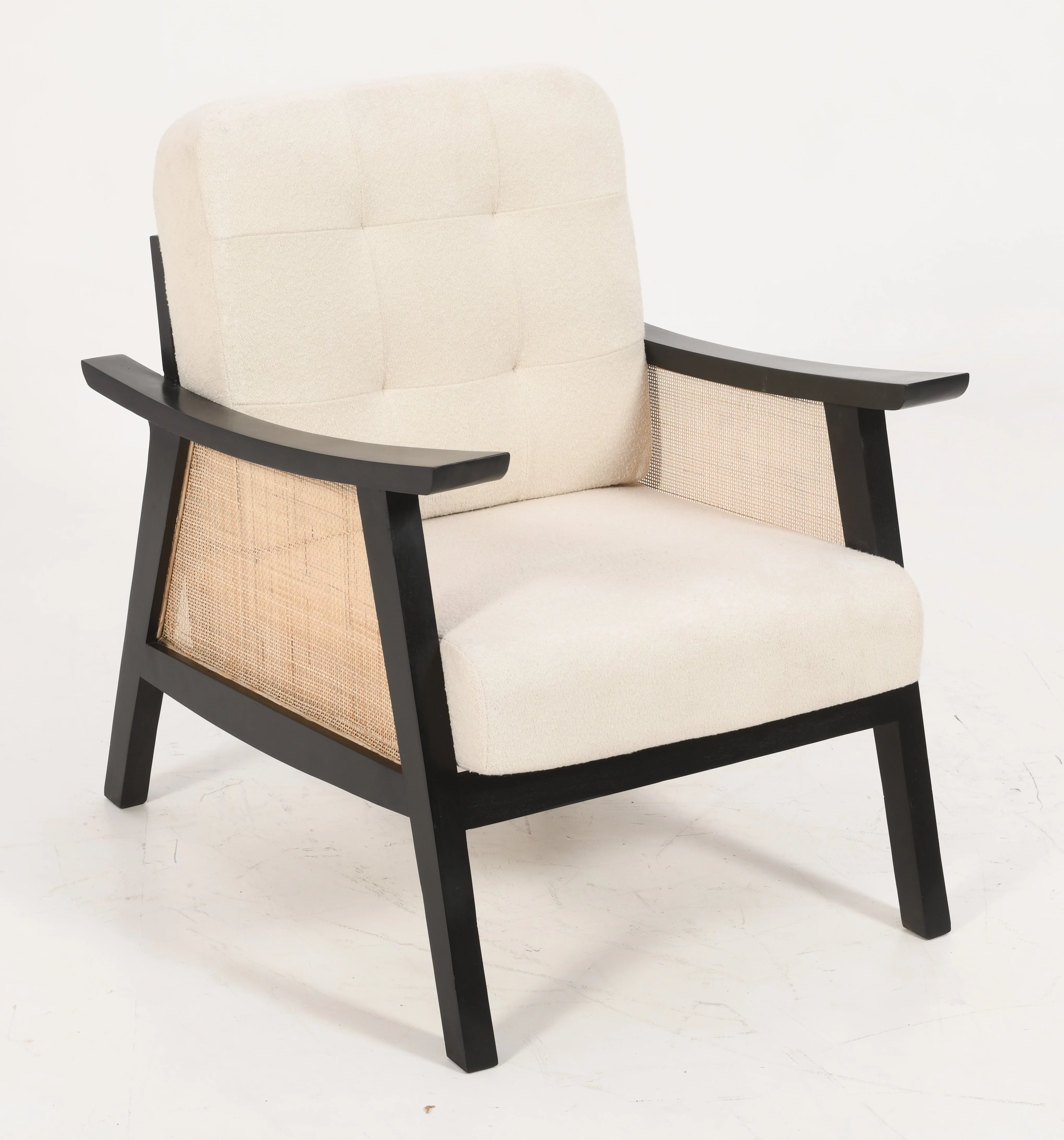 Mid Century Rattan Accent Chair - Solid Acacia Wood & Off White Boucle Fabric - Image 3