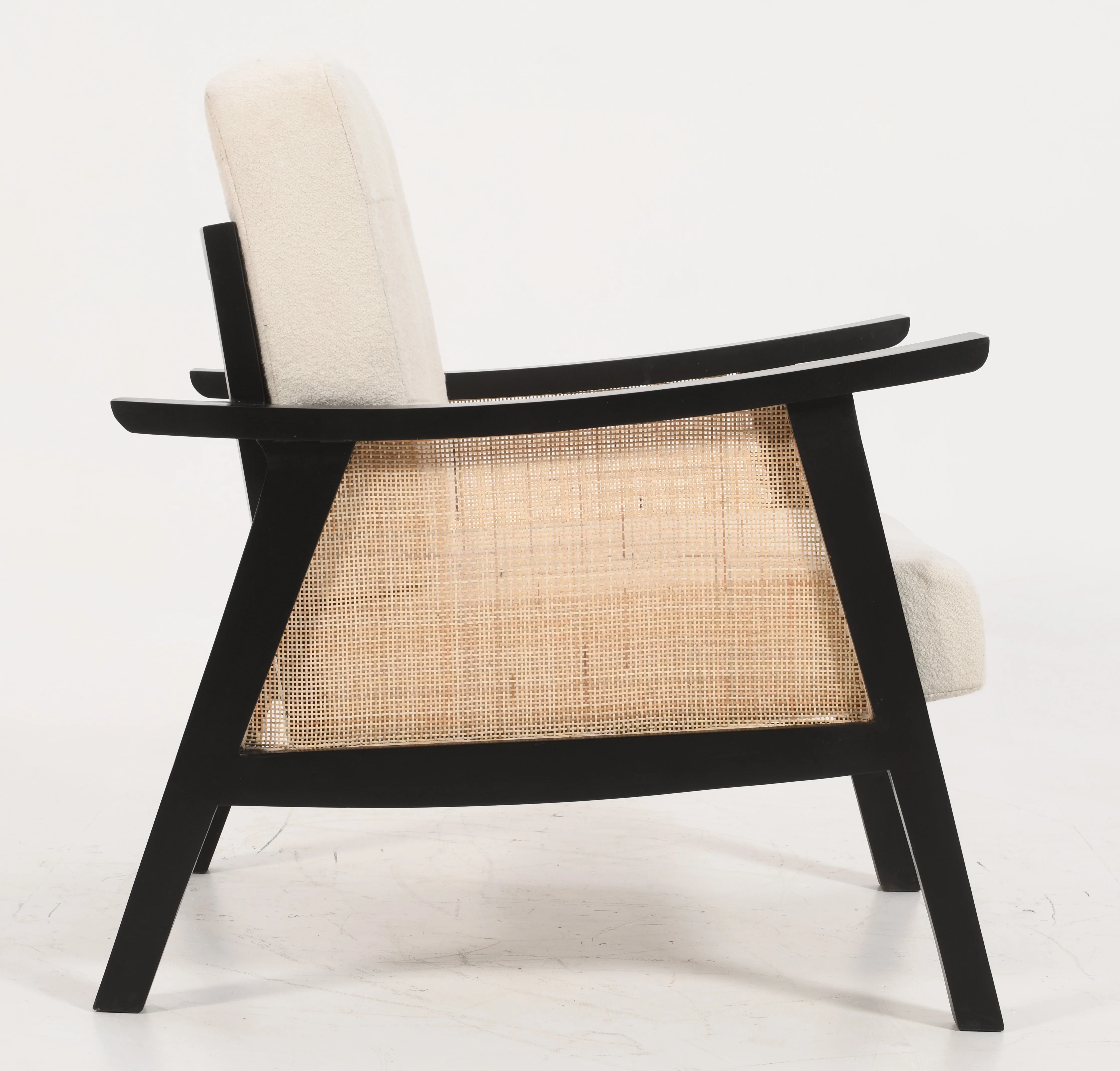 Mid Century Rattan Accent Chair - Solid Acacia Wood & Off White Boucle Fabric - Image 4