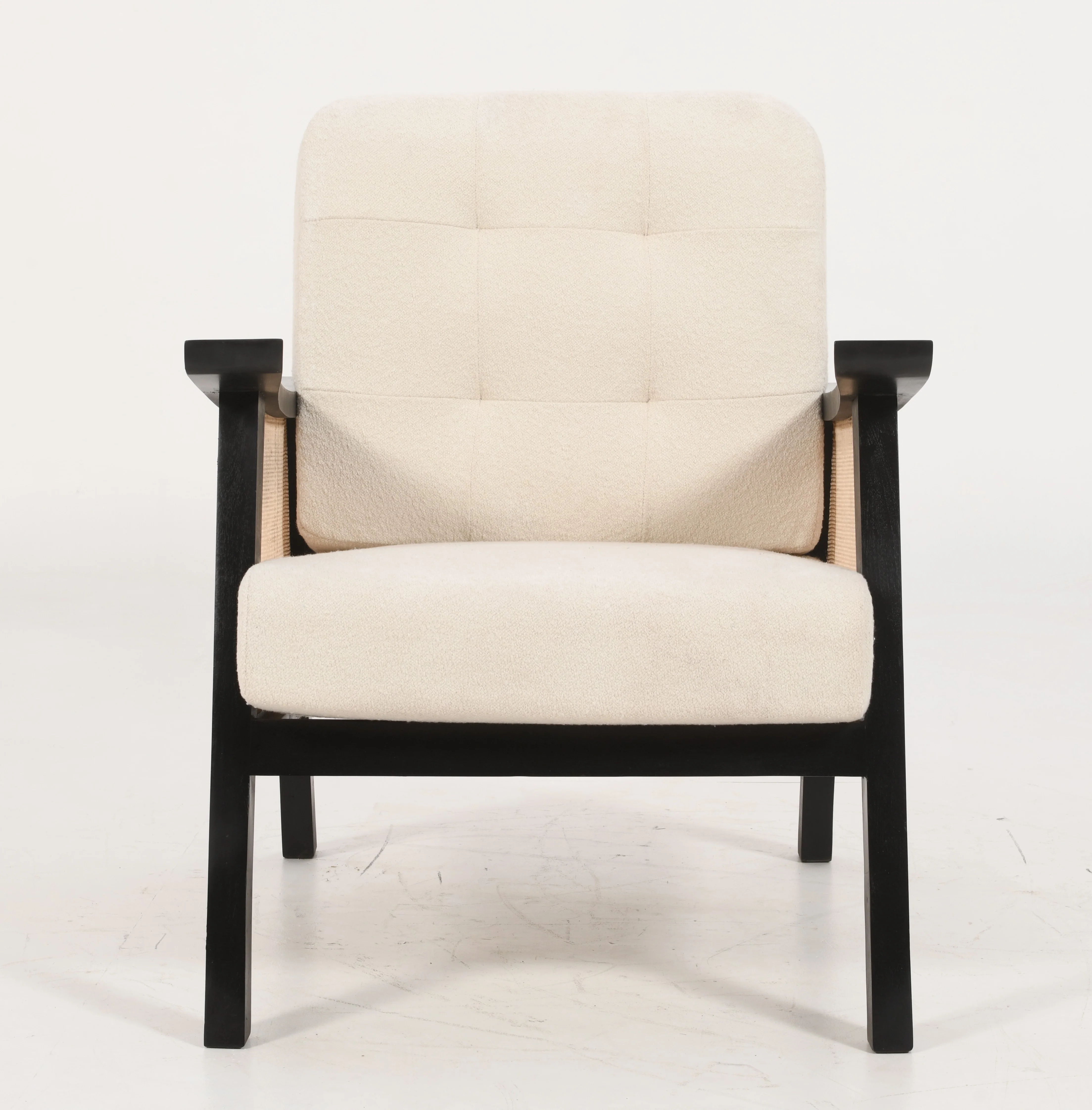 Mid Century Rattan Accent Chair - Solid Acacia Wood & Off White Boucle Fabric - Image 5
