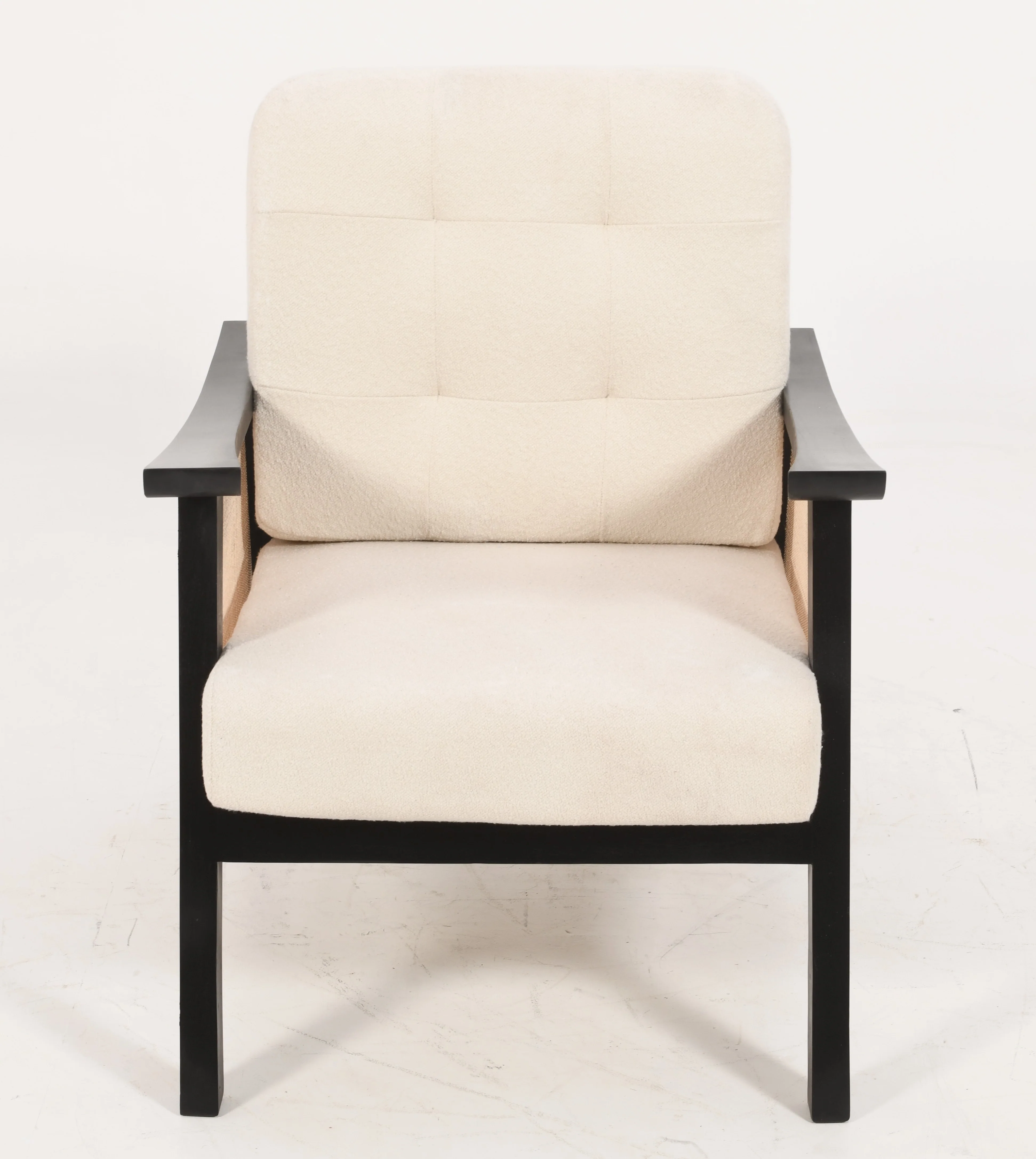 Mid Century Rattan Accent Chair - Solid Acacia Wood & Off White Boucle Fabric - Image 6