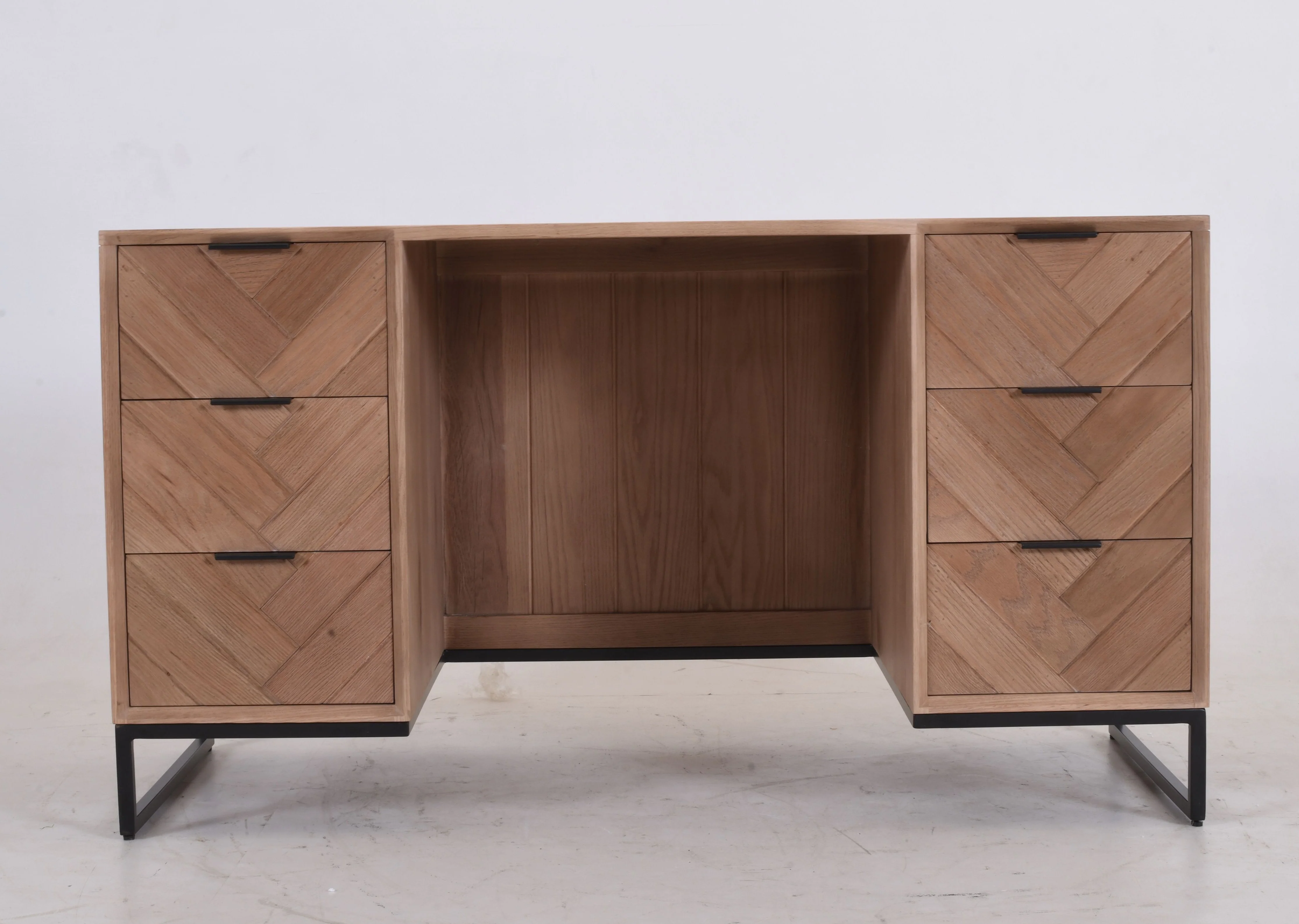 Modern Industrial Oak Desk | Chevron Pattern & Black Metal Legs 148cm - Image 3