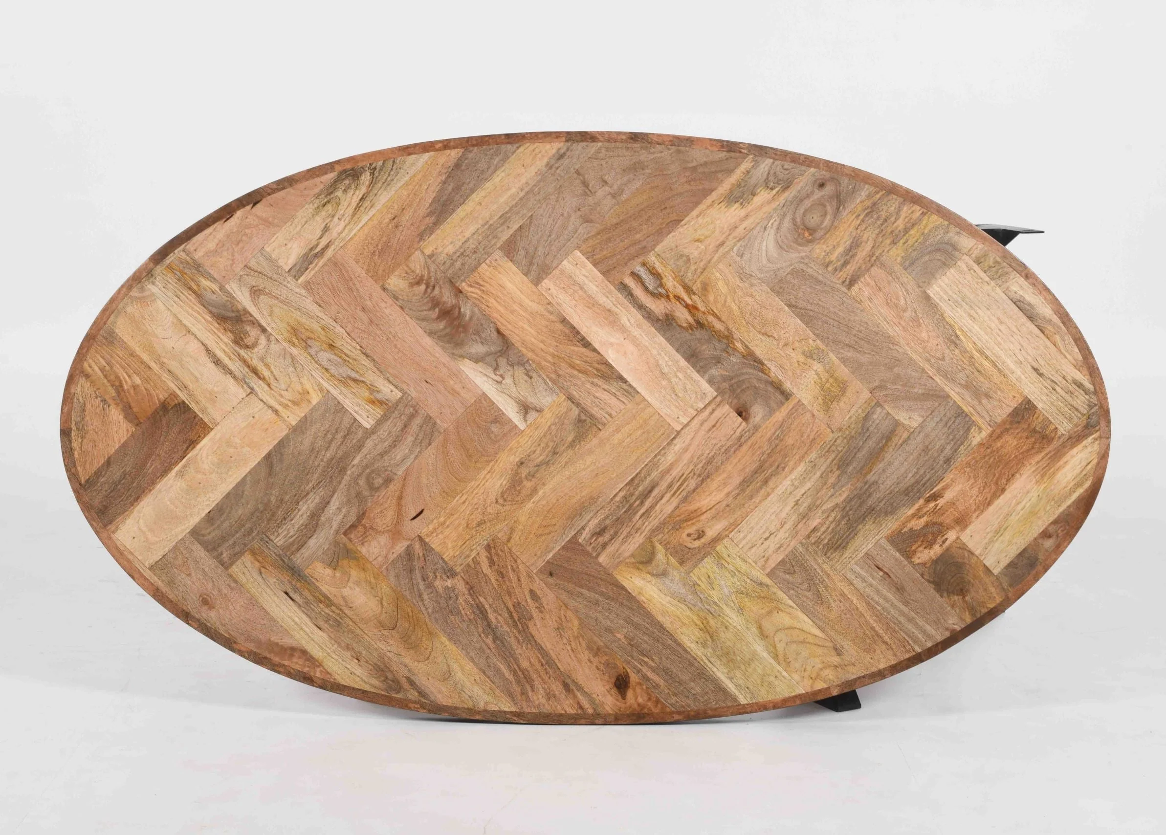 Oval Solid Wood Herringbone Dining Table | Black Iron Spider Base - 160cms - Image 9