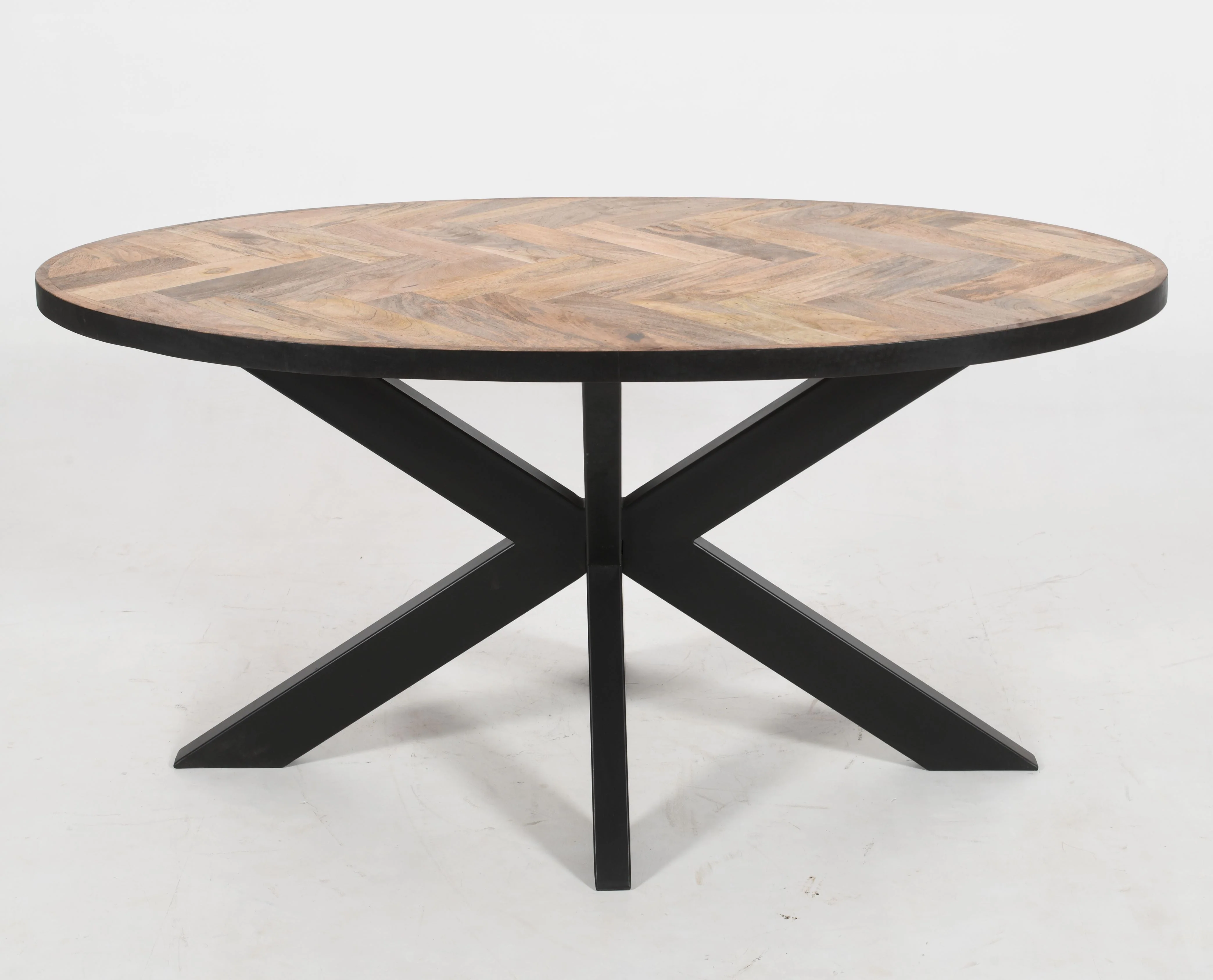 Oval Solid Wood Herringbone Dining Table | Black Iron Spider Base - 160cms - Image 10