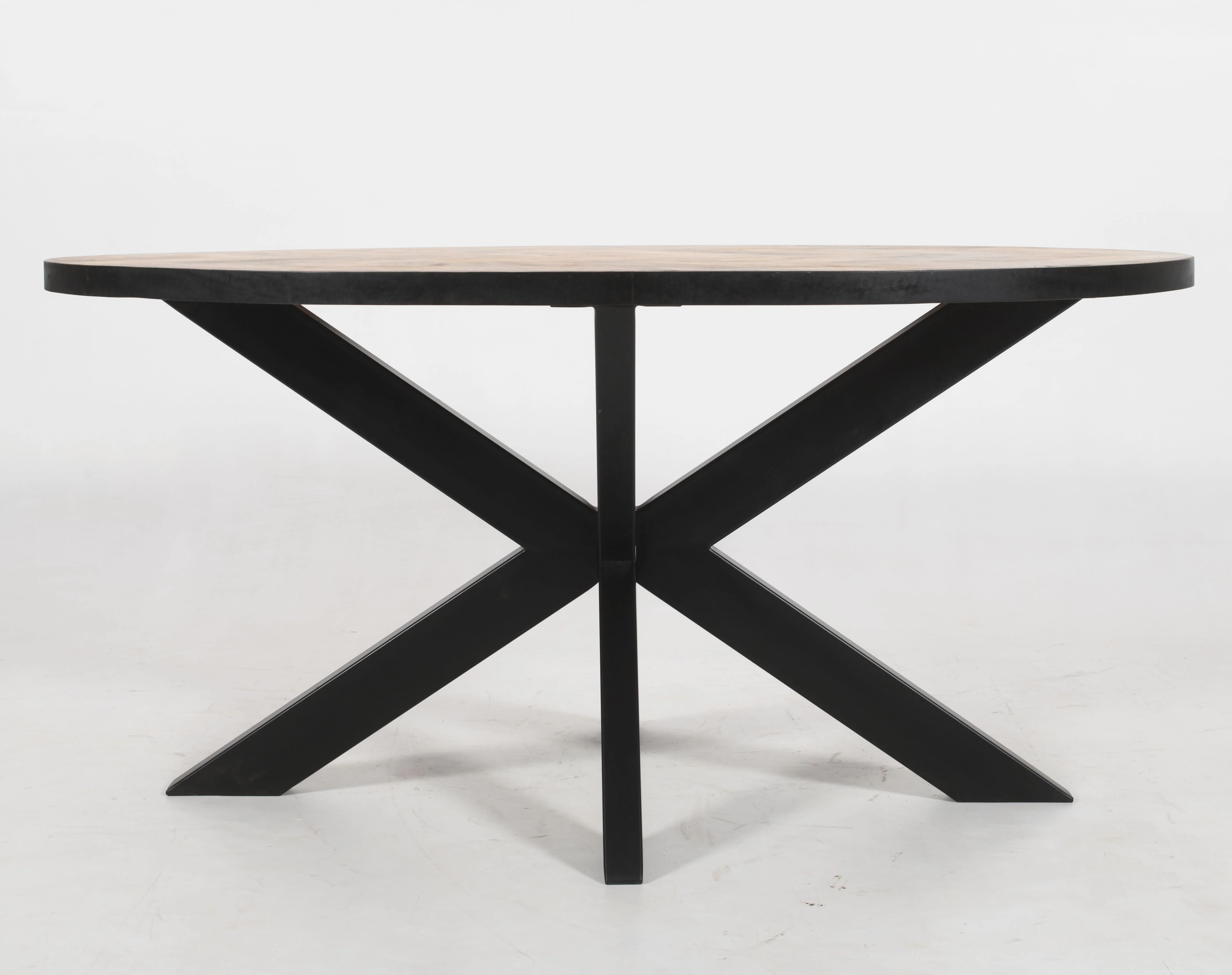 Oval Solid Wood Herringbone Dining Table | Black Iron Spider Base - 160cms - Image 11