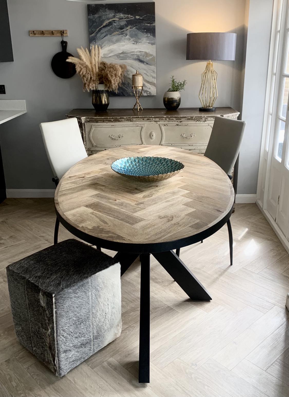 Oval Solid Wood Herringbone Dining Table | Black Iron Spider Base - 160cms - Image 5