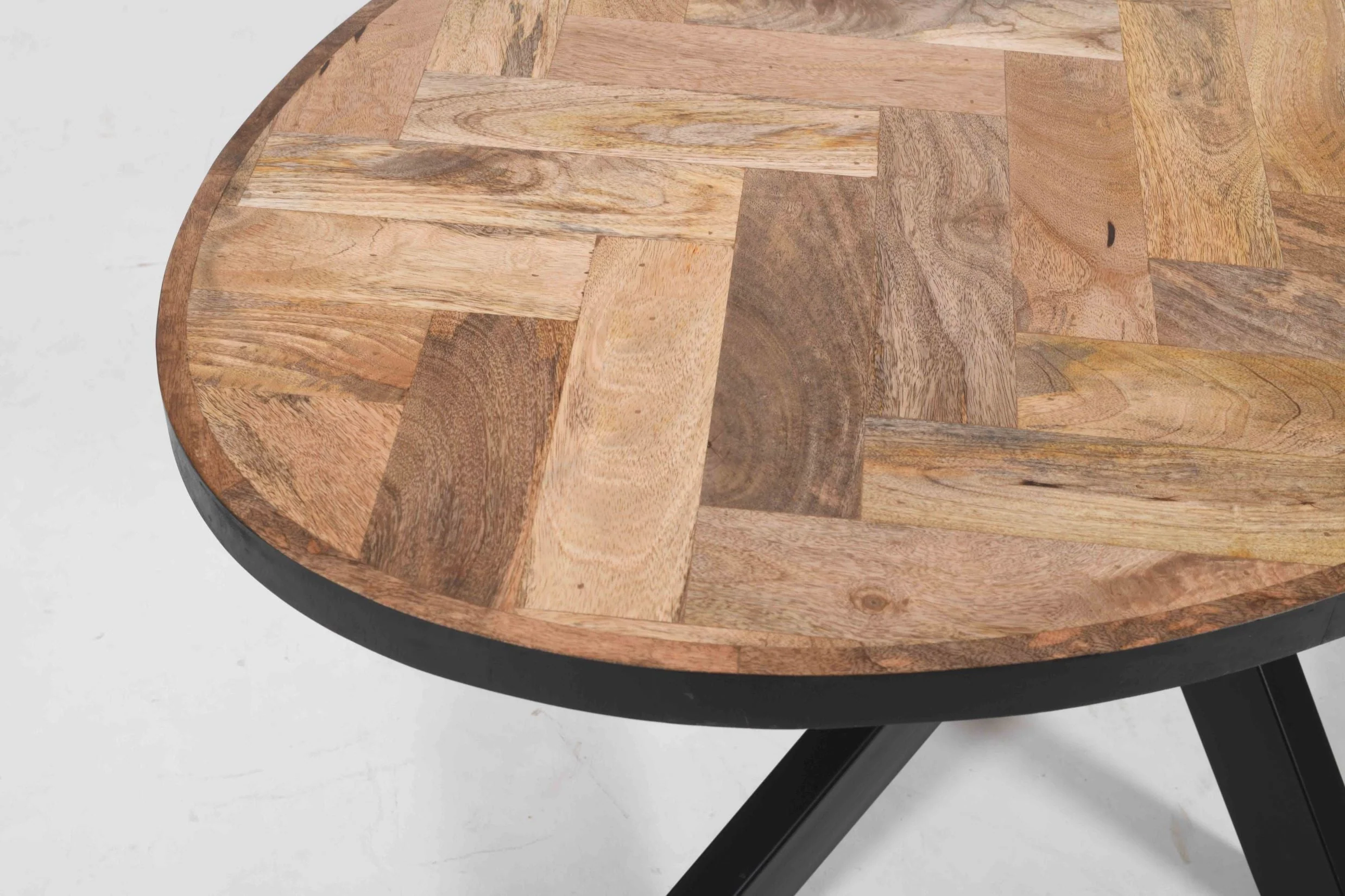 Oval Solid Wood Herringbone Dining Table | Black Iron Spider Base - 160cms - Image 6