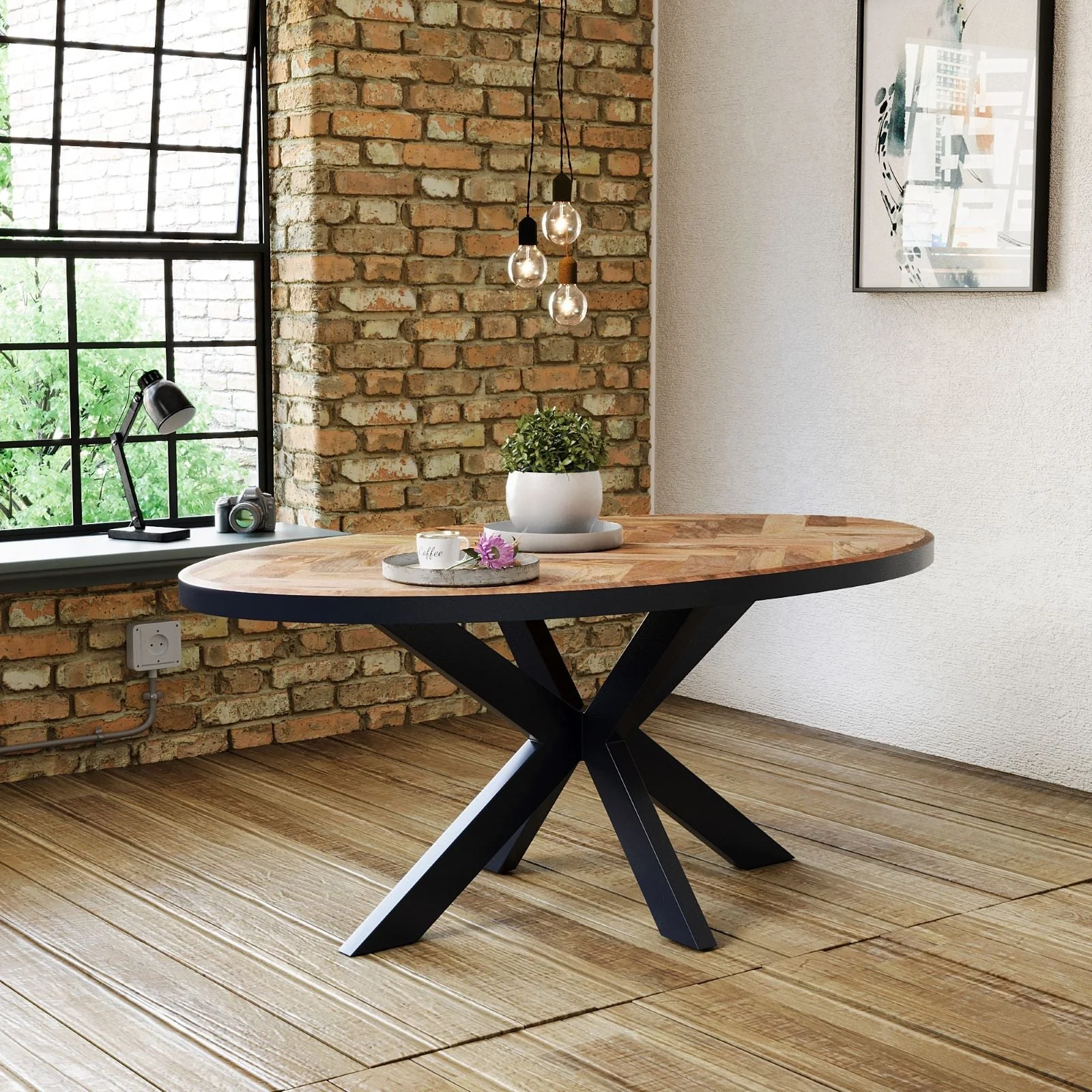 Oval Solid Wood Herringbone Dining Table | Black Iron Spider Base - 160cms - Image 8