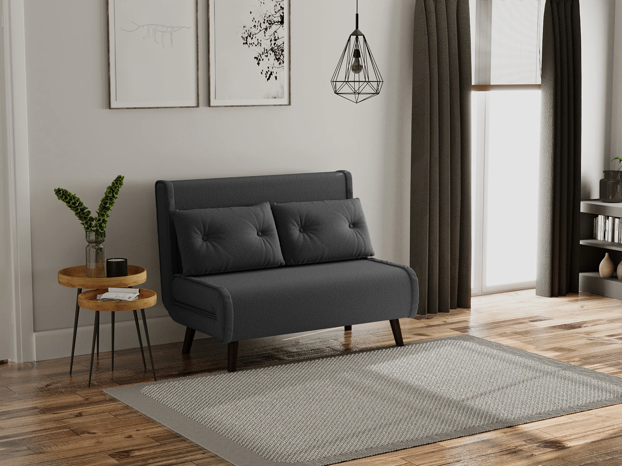 Pep 2 Seater Sofa Bed | Charcoal Bouclé "Teddy" Fabric 121 cm - Image 3