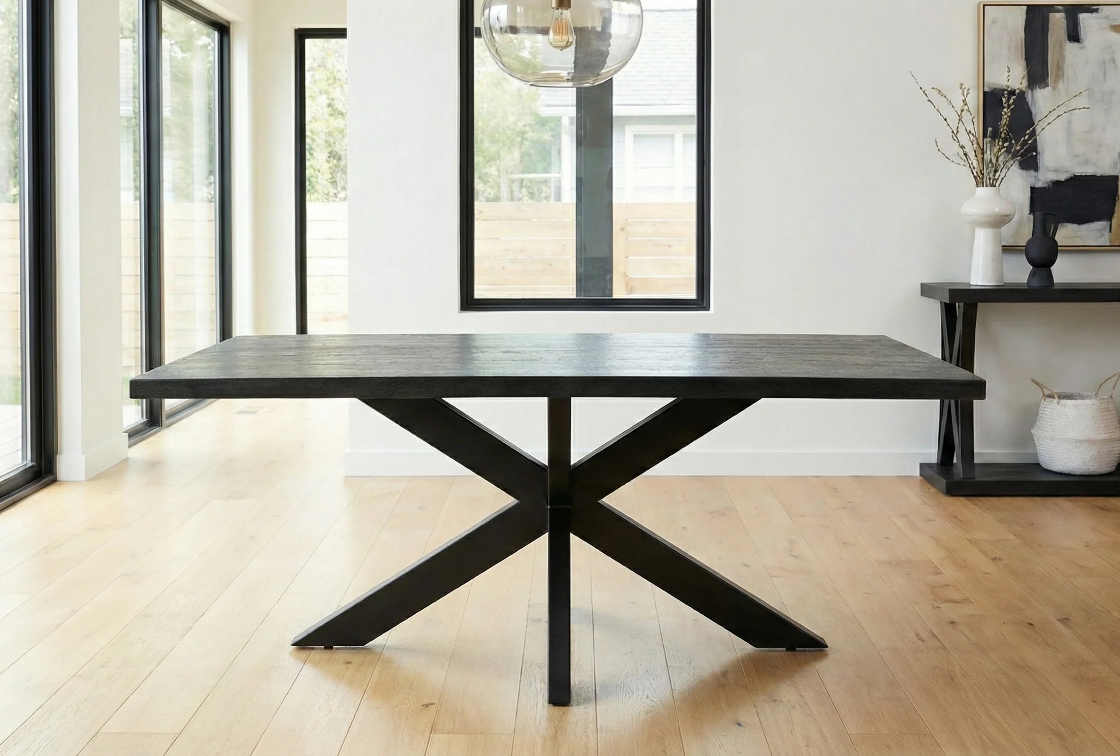 Rectangle Solid Mango Wood (Black Stained) Dining Table | Black Iron X Base - 160cms - Image 3