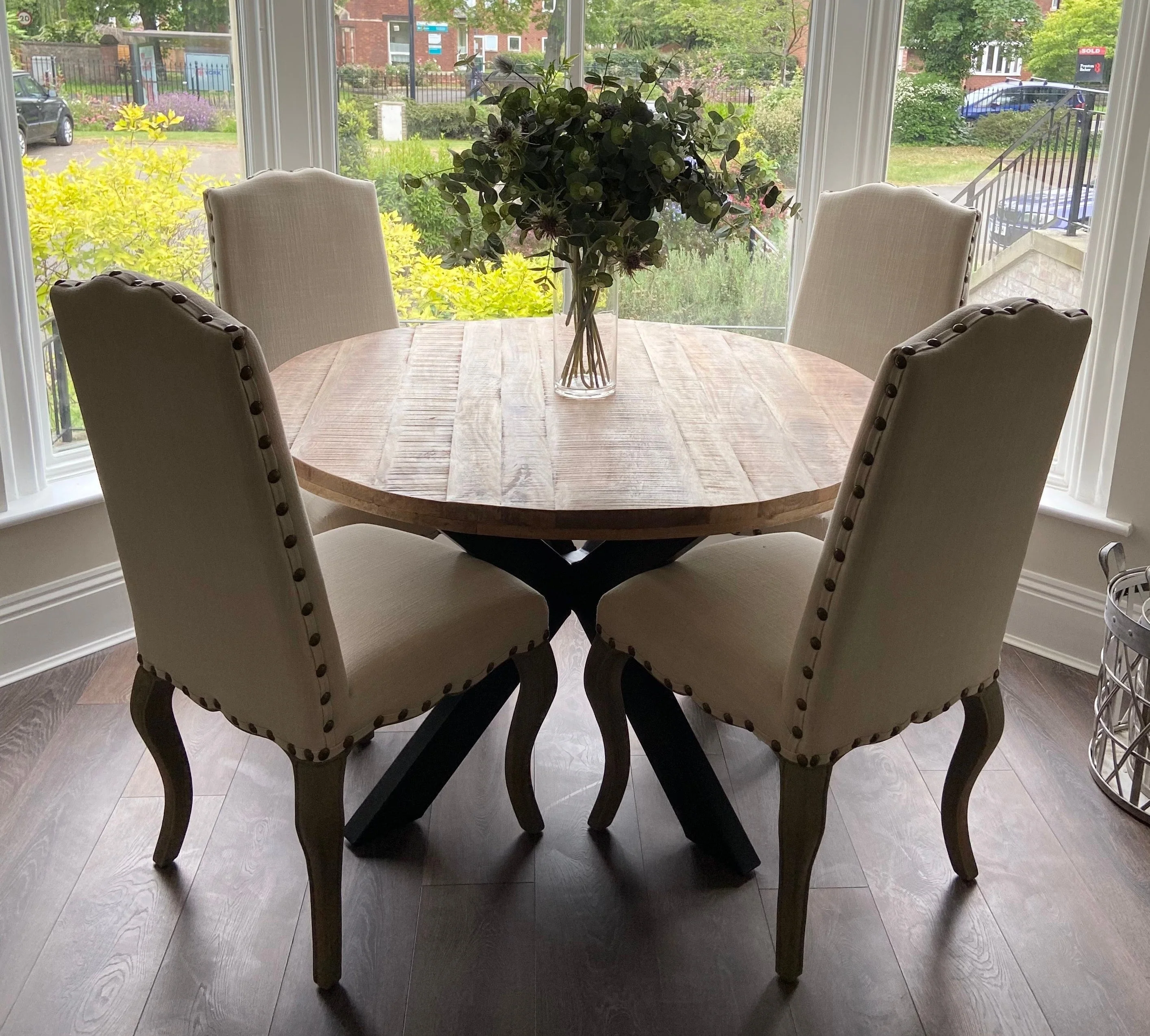 Round Solid Mango Wood Dining Table | Black Iron X Base - 120cms - Image 3