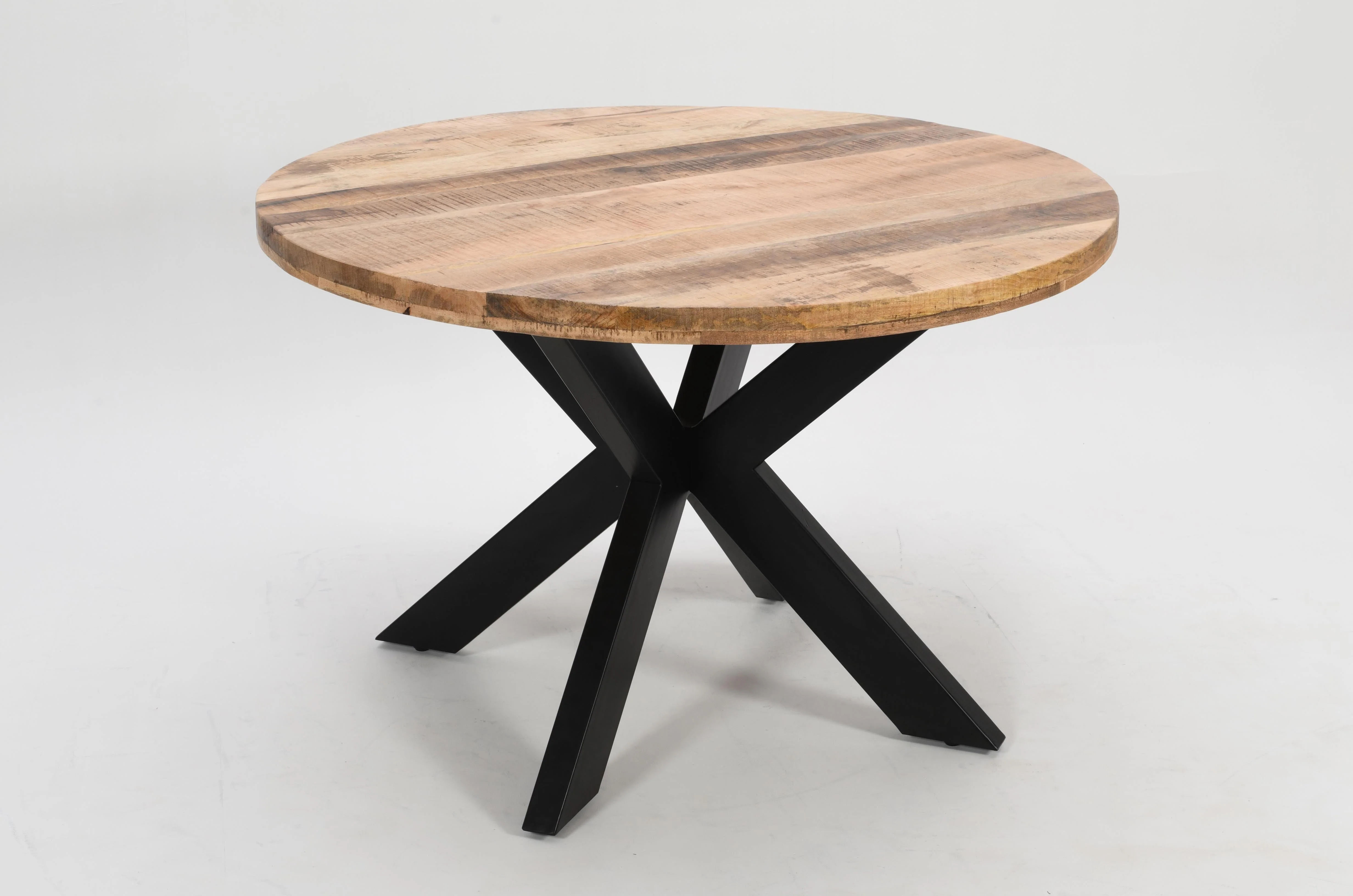 Round Solid Mango Wood Dining Table | Black Iron X Base - 120cms - Image 6