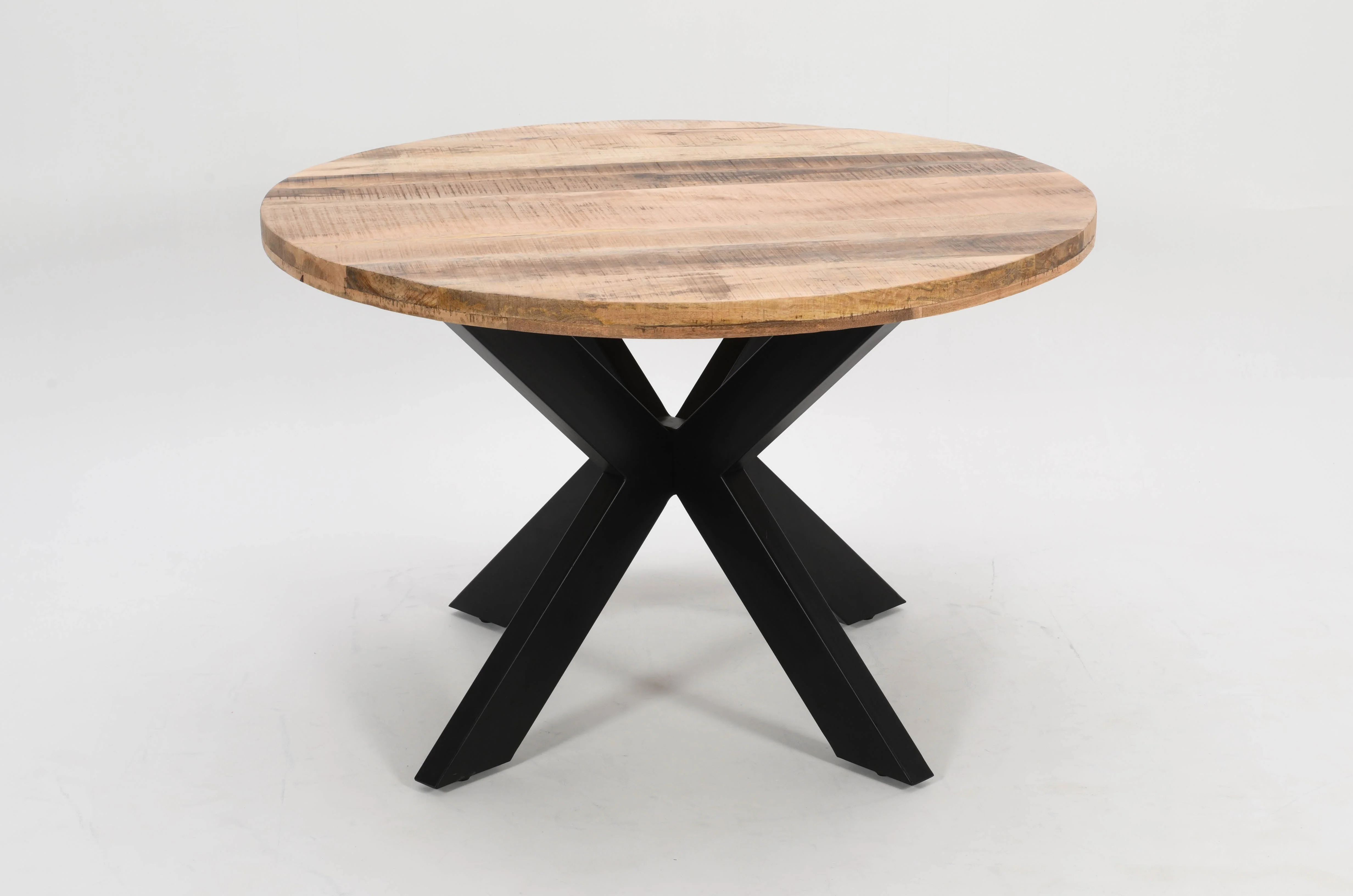 Round Solid Mango Wood Dining Table | Black Iron X Base - 120cms - Image 7