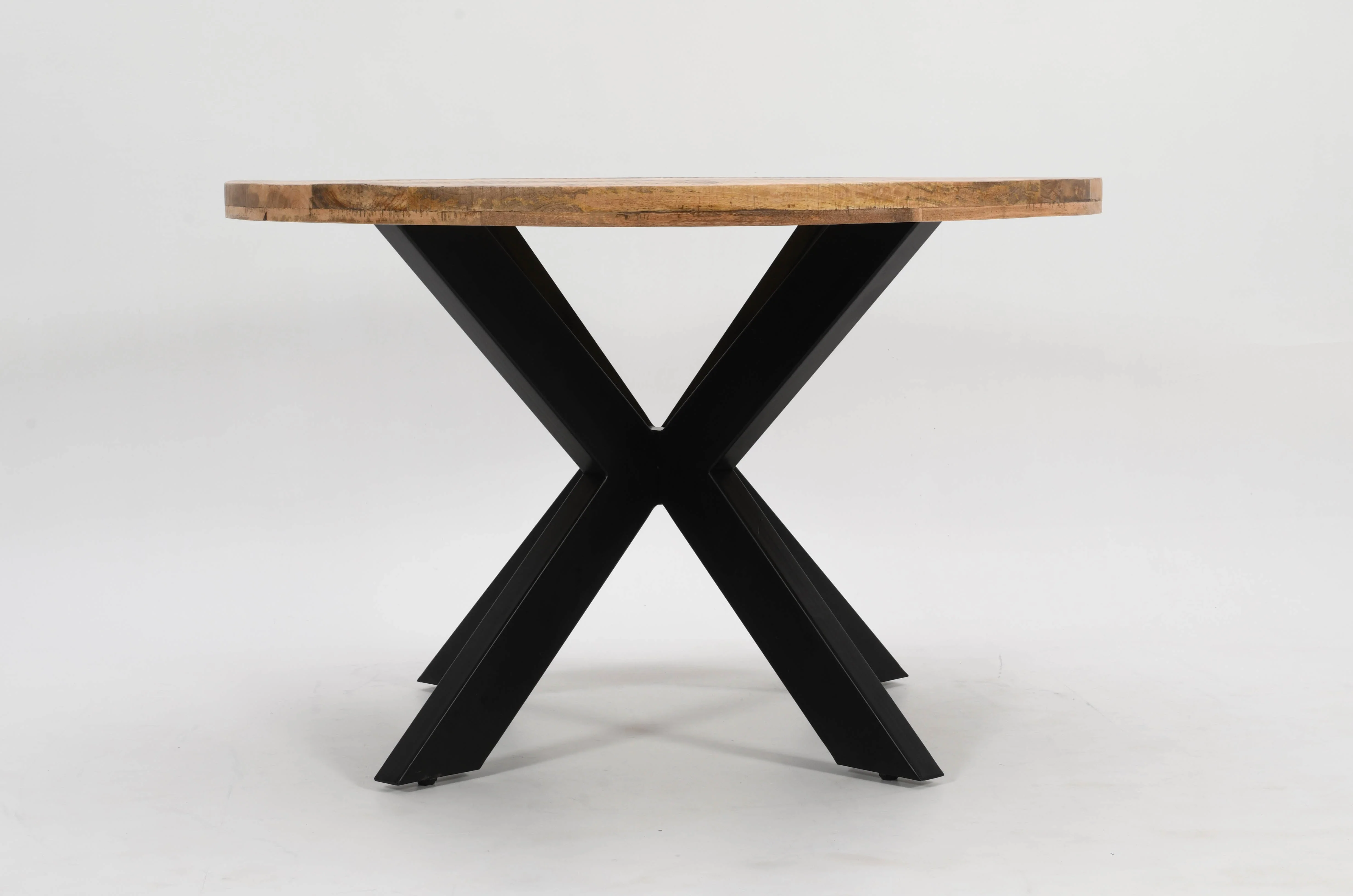 Round Solid Mango Wood Dining Table | Black Iron X Base - 120cms - Image 8