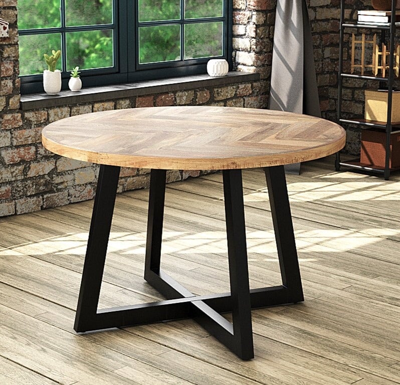 Round Solid Mango Wood Dining Table 120cm – Rustic Herringbone Top & Metal Legs - Image 4