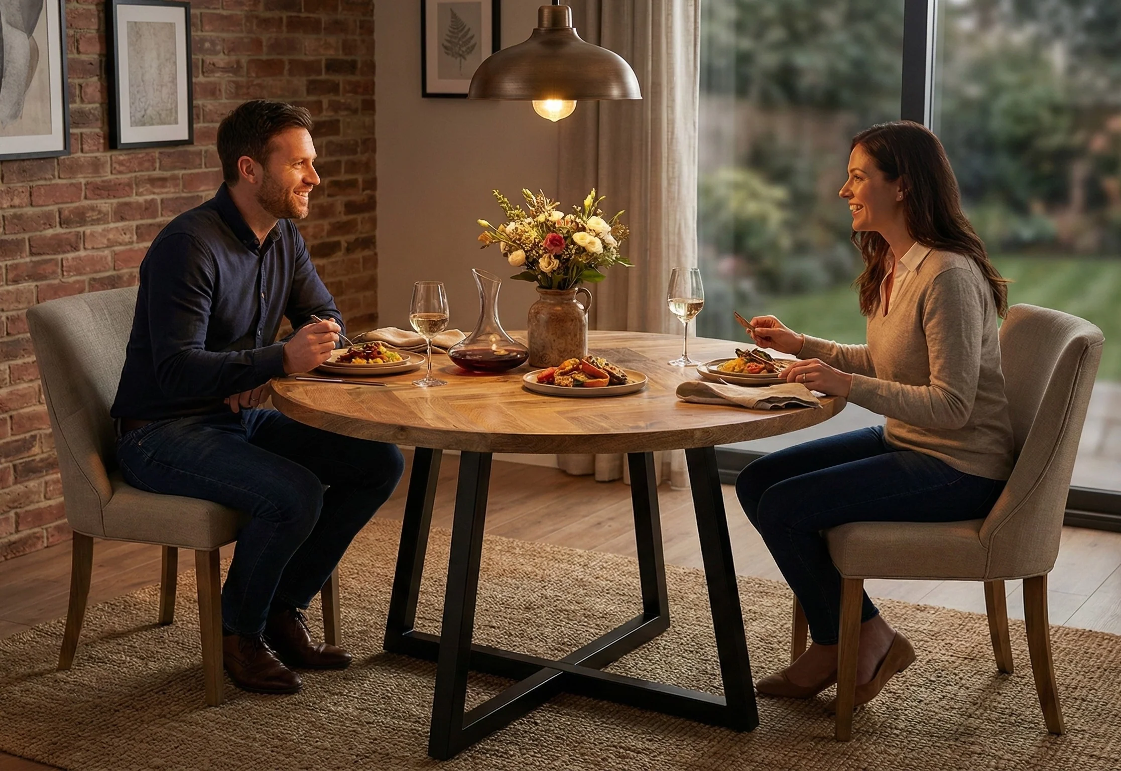 Round Solid Mango Wood Dining Table 120cm – Rustic Herringbone Top & Metal Legs - Image 7
