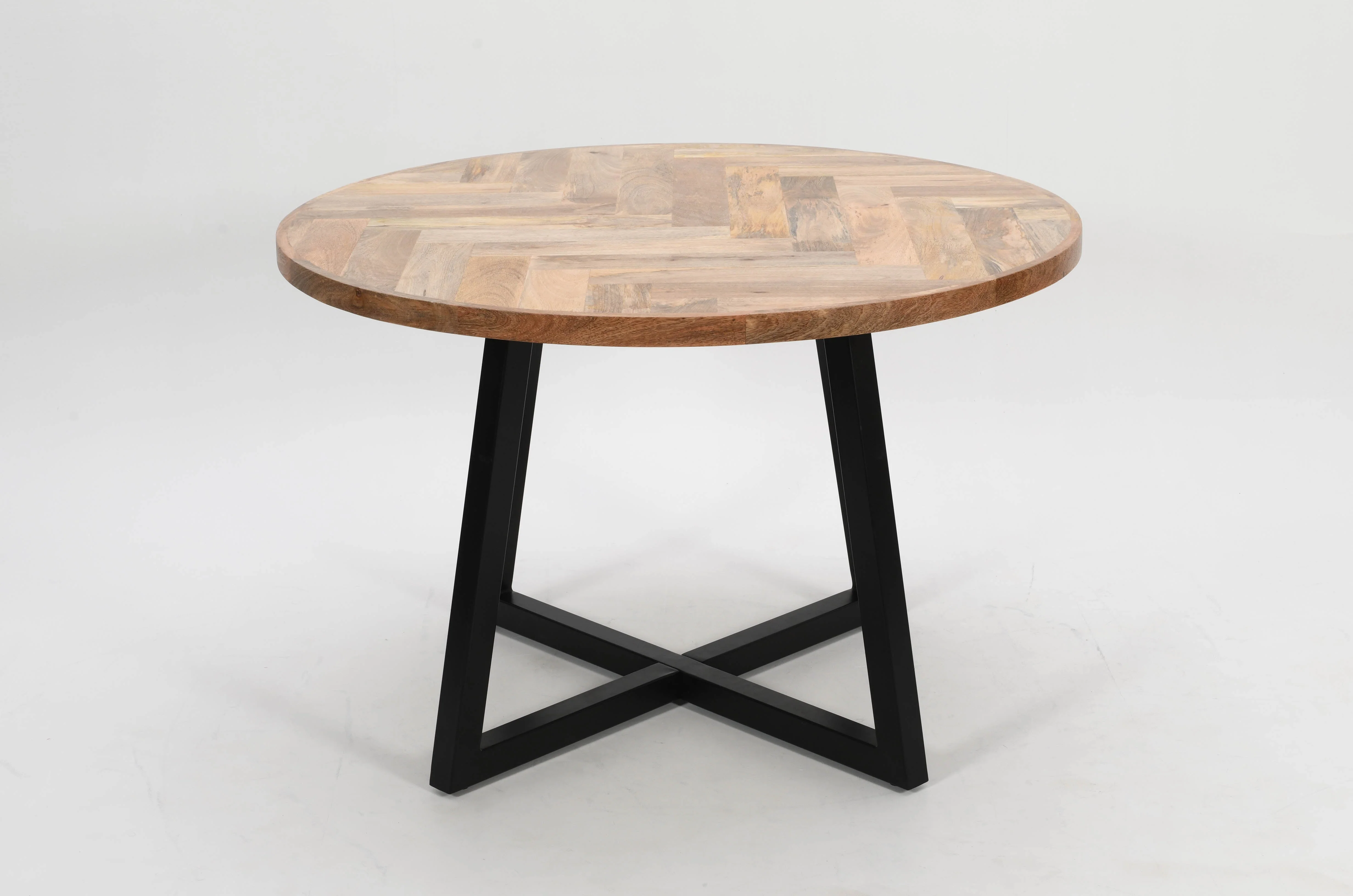 Round Solid Mango Wood Dining Table 120cm – Rustic Herringbone Top & Metal Legs - Image 8