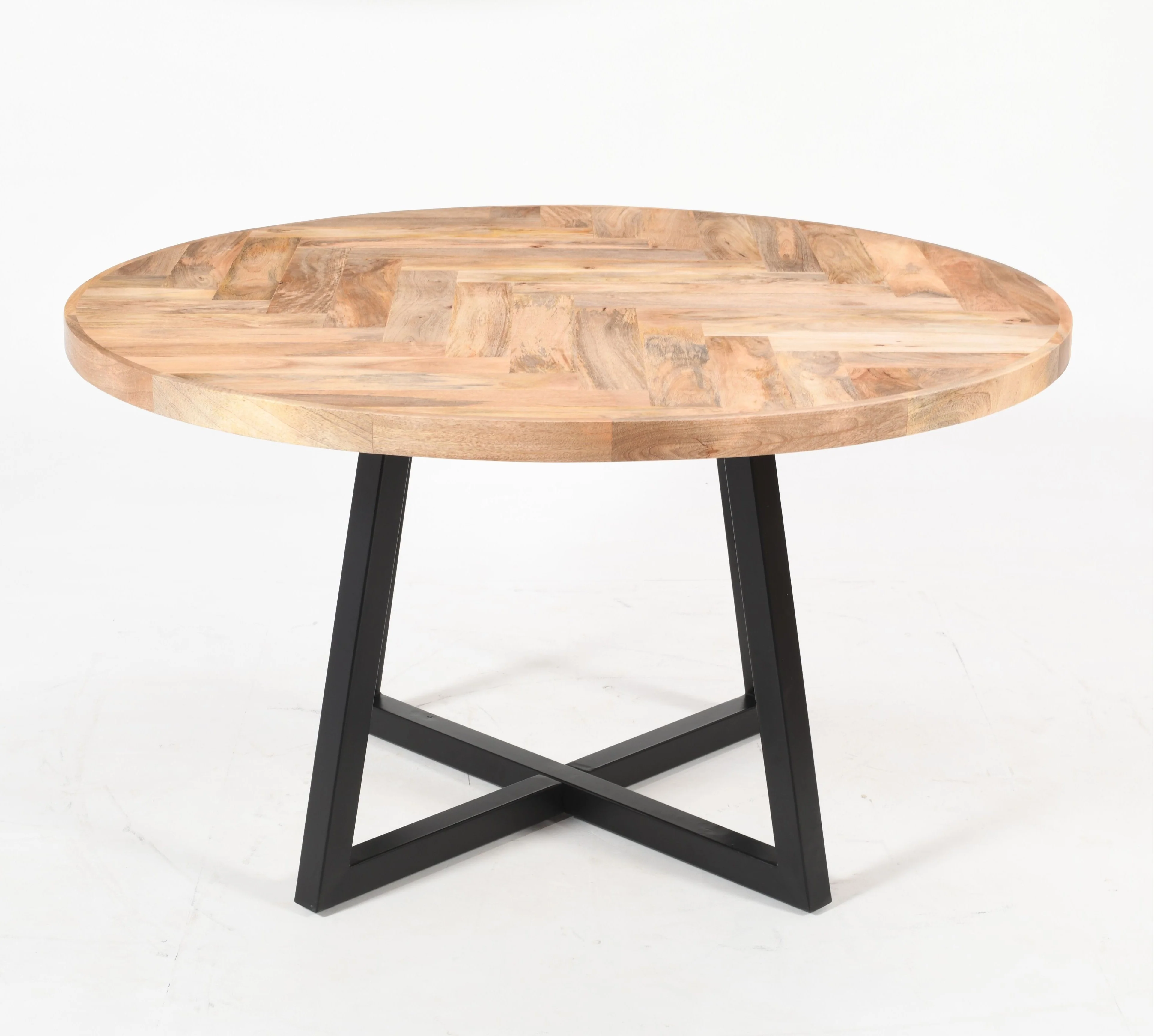 Round Solid Mango Wood Dining Table | Herringbone Design - 140cms - Image 11