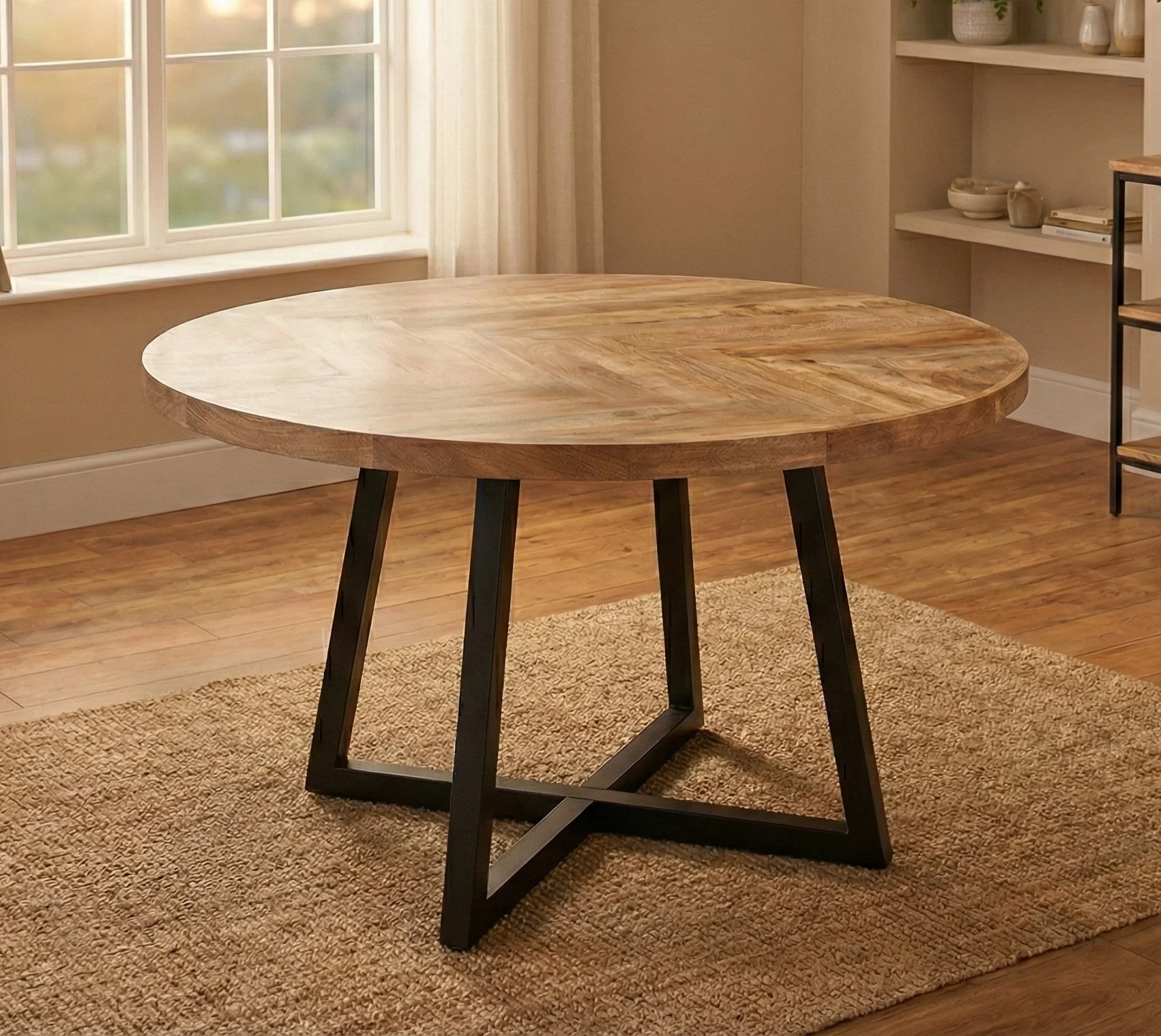 Round Solid Mango Wood Dining Table | Herringbone Design - 140cms - Image 5