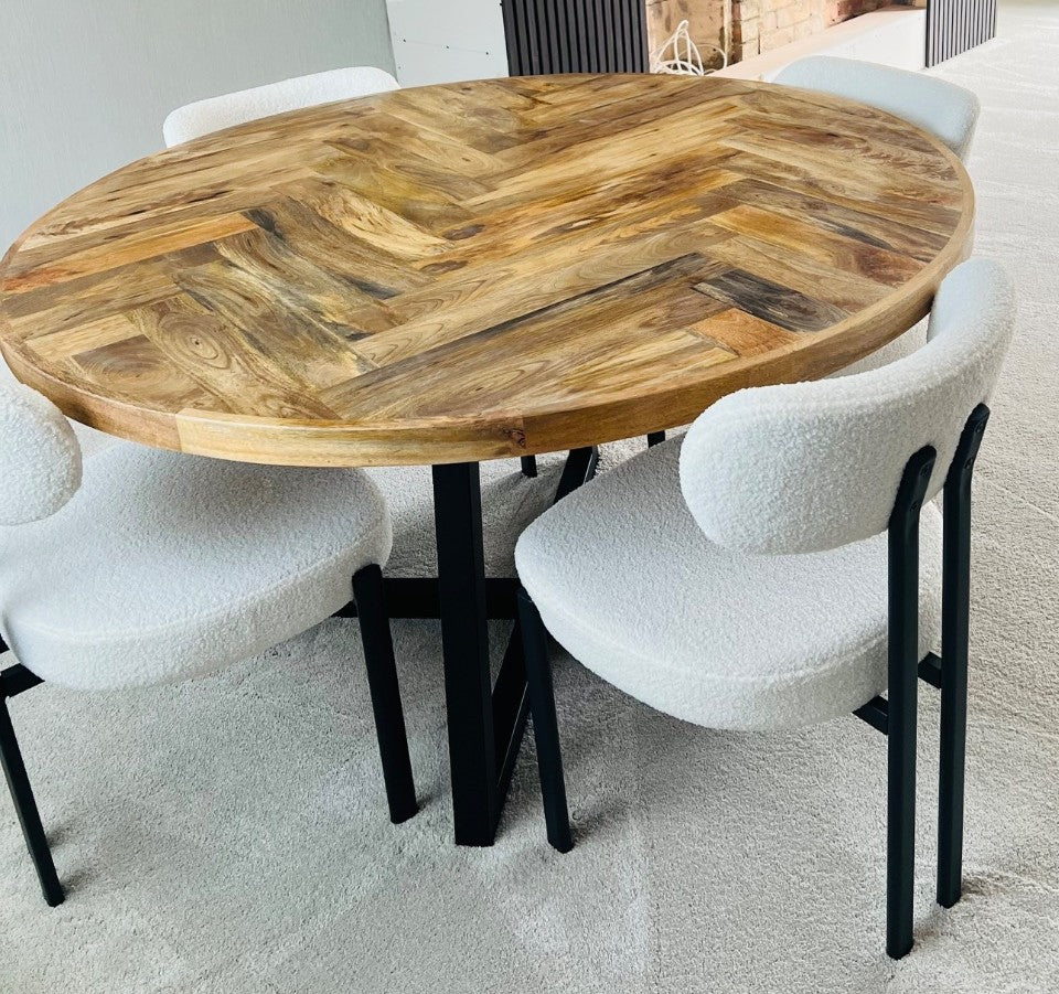 Round Solid Mango Wood Dining Table | Herringbone Design - 140cms - Image 8