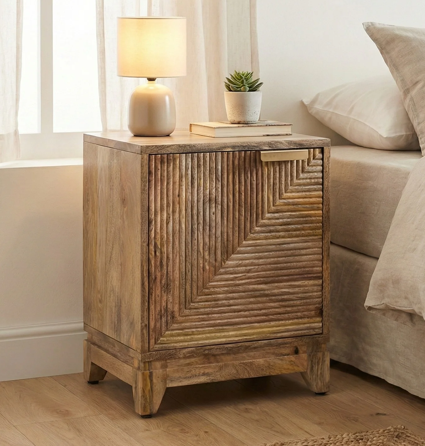 Solid Mango Wood Bedside Cabinet | Geometric Ribbed Nightstand | 50cm - Image 2