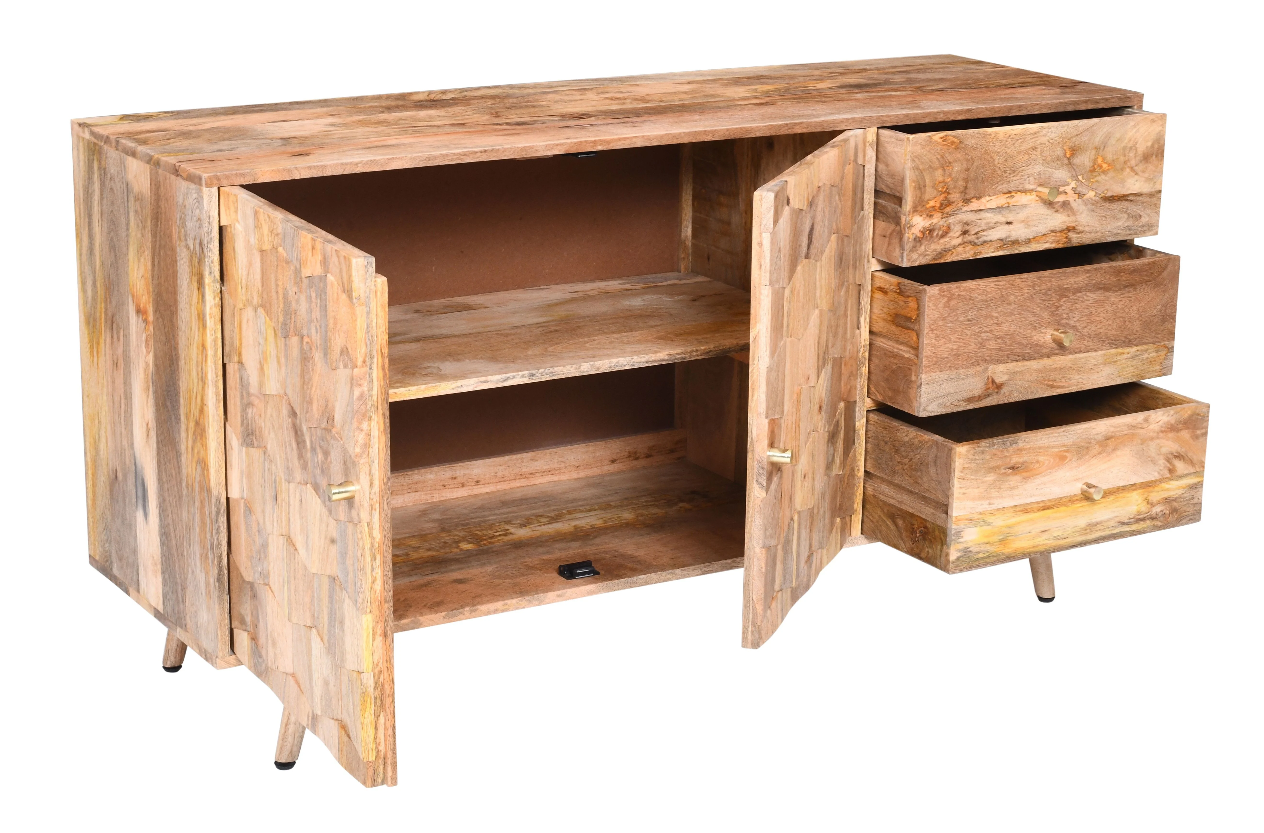 Solid Mango Wood Large Sideboard (145cm) – 3 Drawers & 2 Doors (Geometric Design) - Image 4
