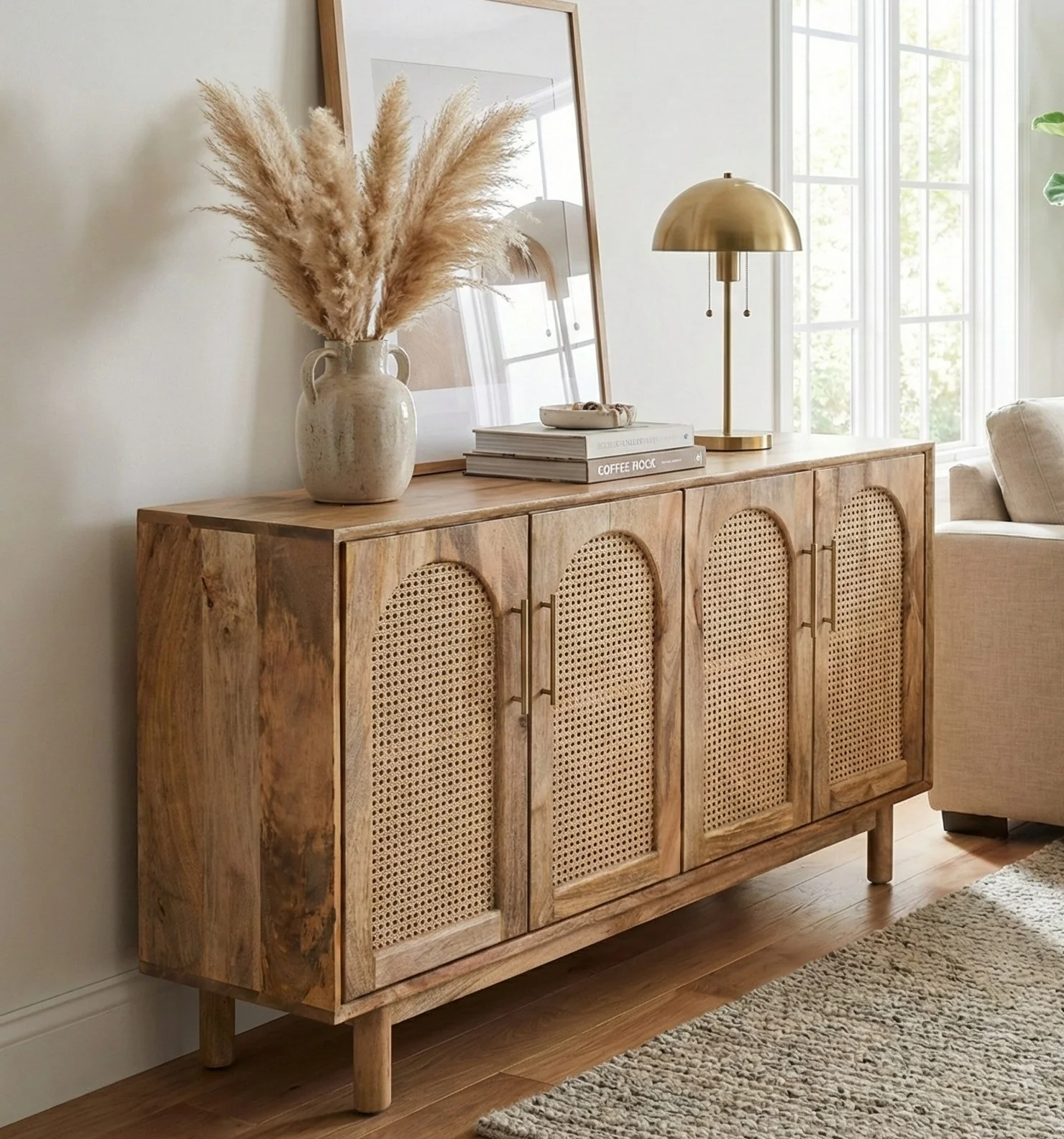 Arched Rattan & Solid Mango Wood Sideboard – 4-Door Buffet Cabinet (140cm) - Image 2