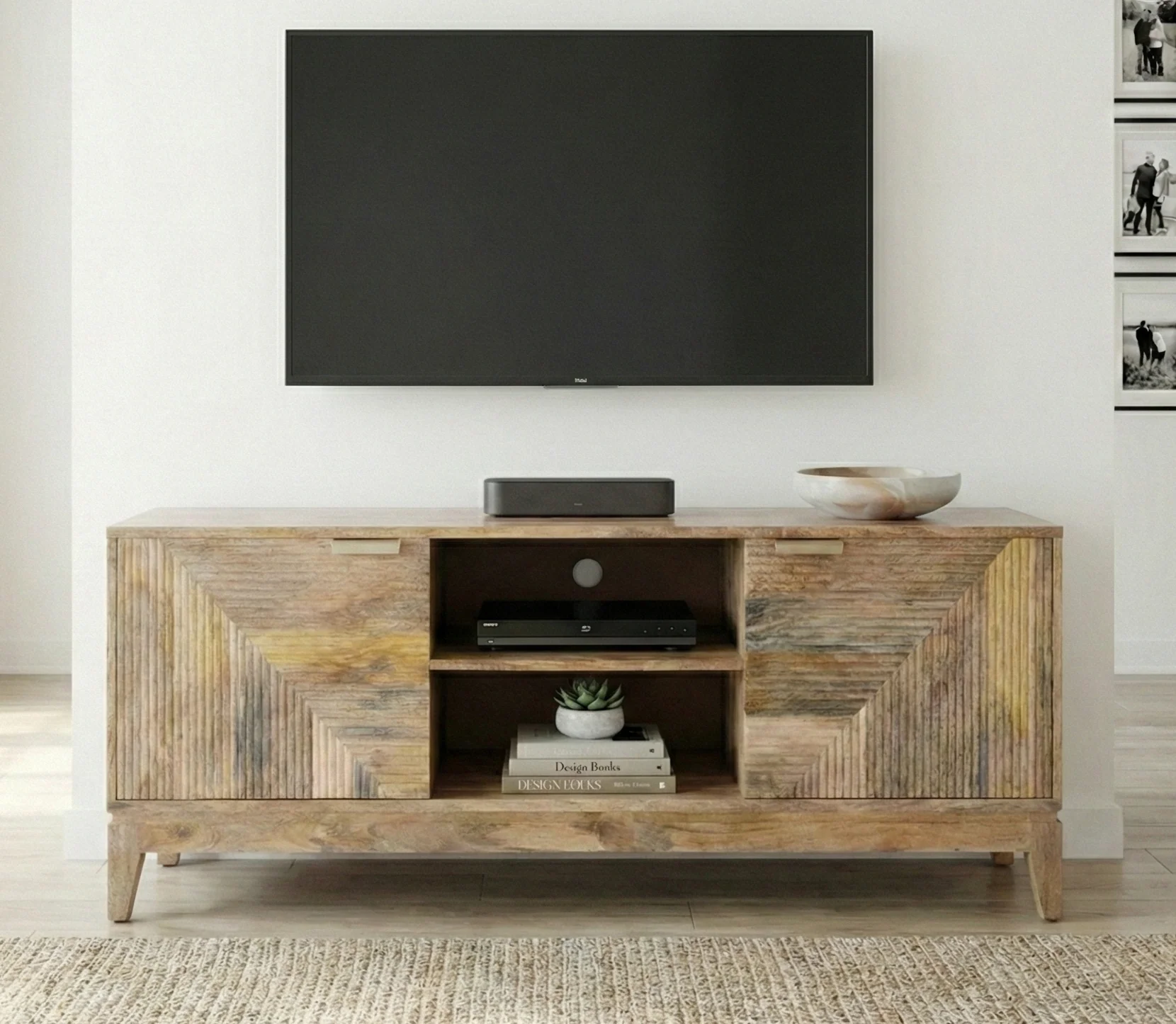 Solid Mango Wood TV Unit | Geometric Ribbed Media Console | 151cm