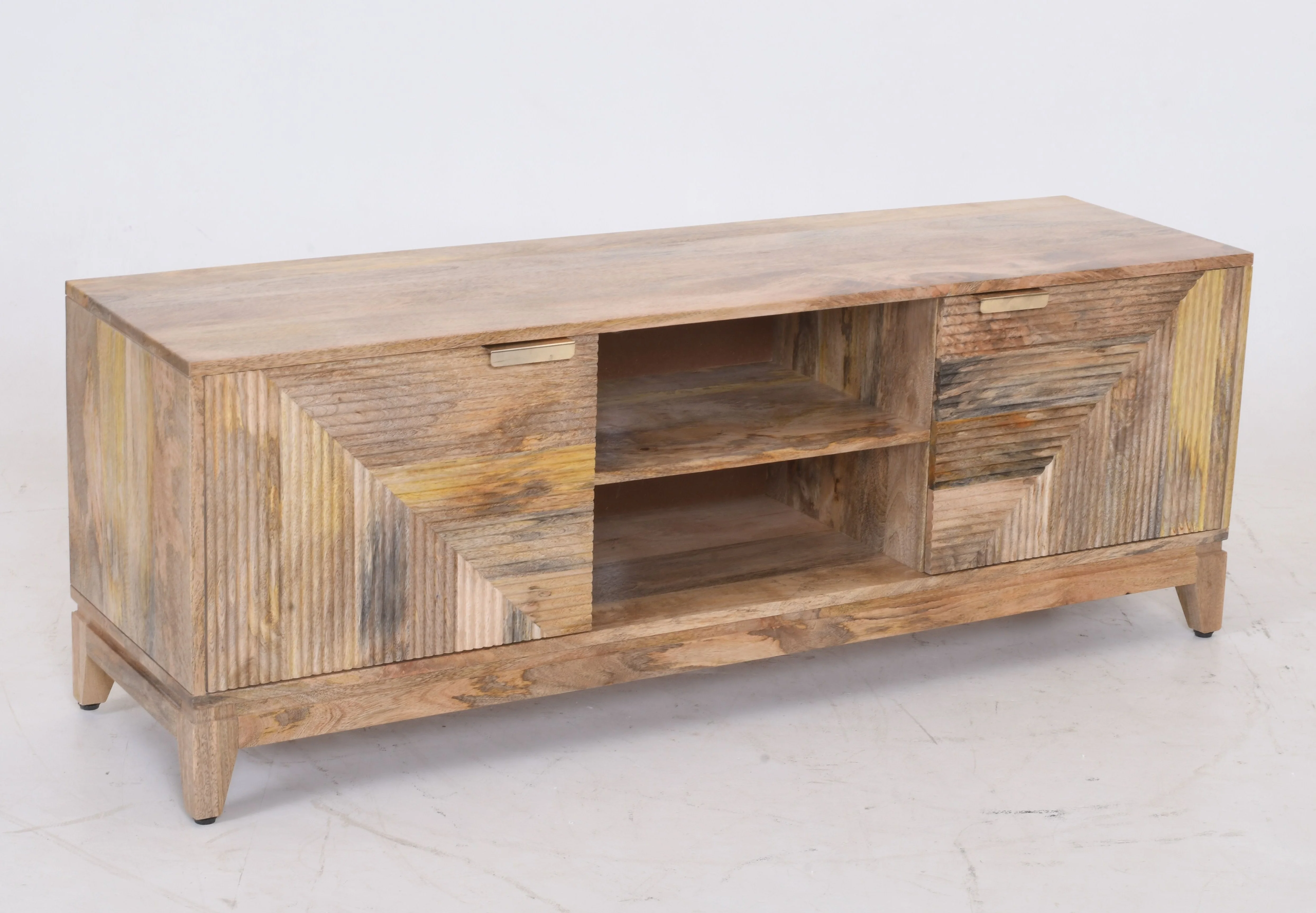 Solid Mango Wood TV Unit | Geometric Ribbed Media Console | 151cm - Image 4