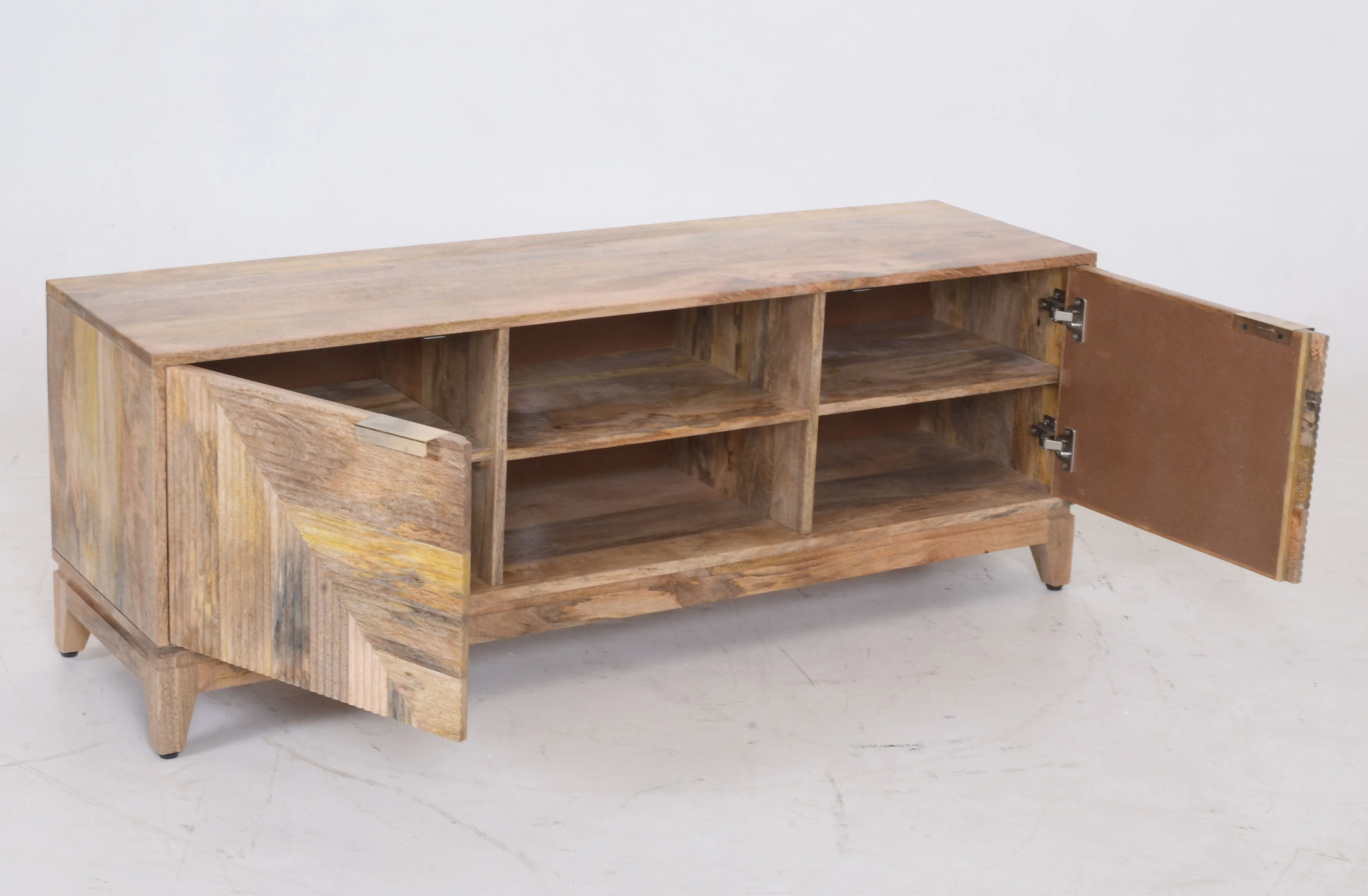Solid Mango Wood TV Unit | Geometric Ribbed Media Console | 151cm - Image 5