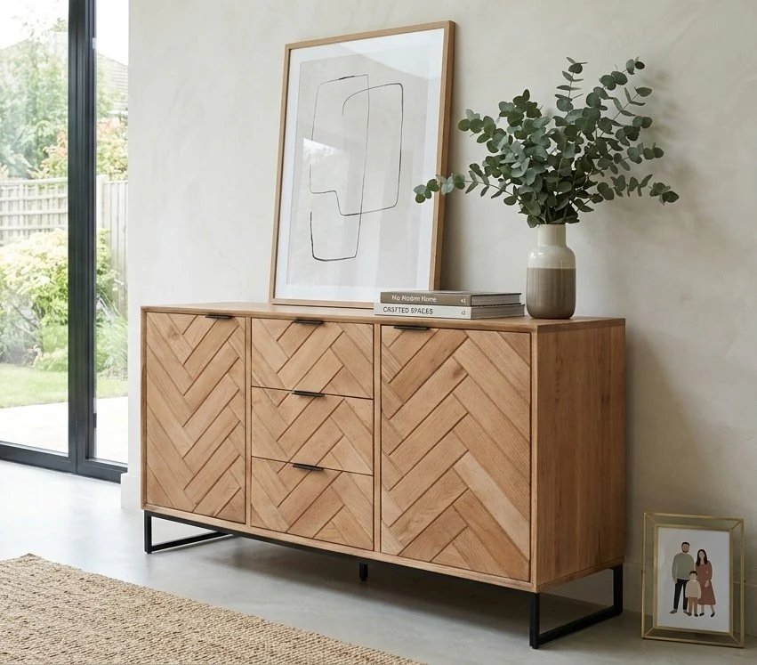 Solid Oak Herringbone Sideboard – 3 Drawers, 2 Doors & Black Metal Base (140cms) - Image 2
