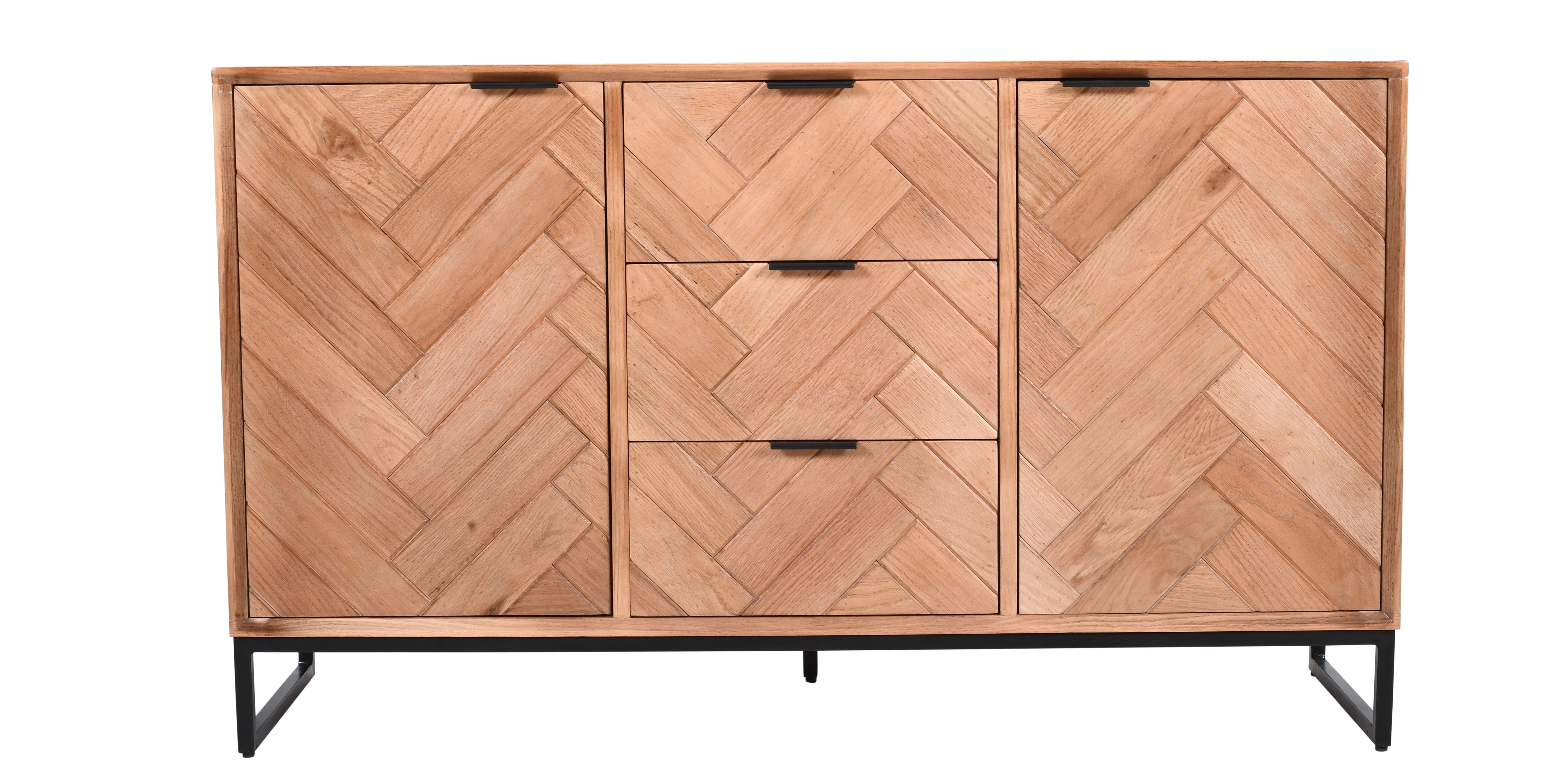 Solid Oak Herringbone Sideboard – 3 Drawers, 2 Doors & Black Metal Base (140cms) - Image 3